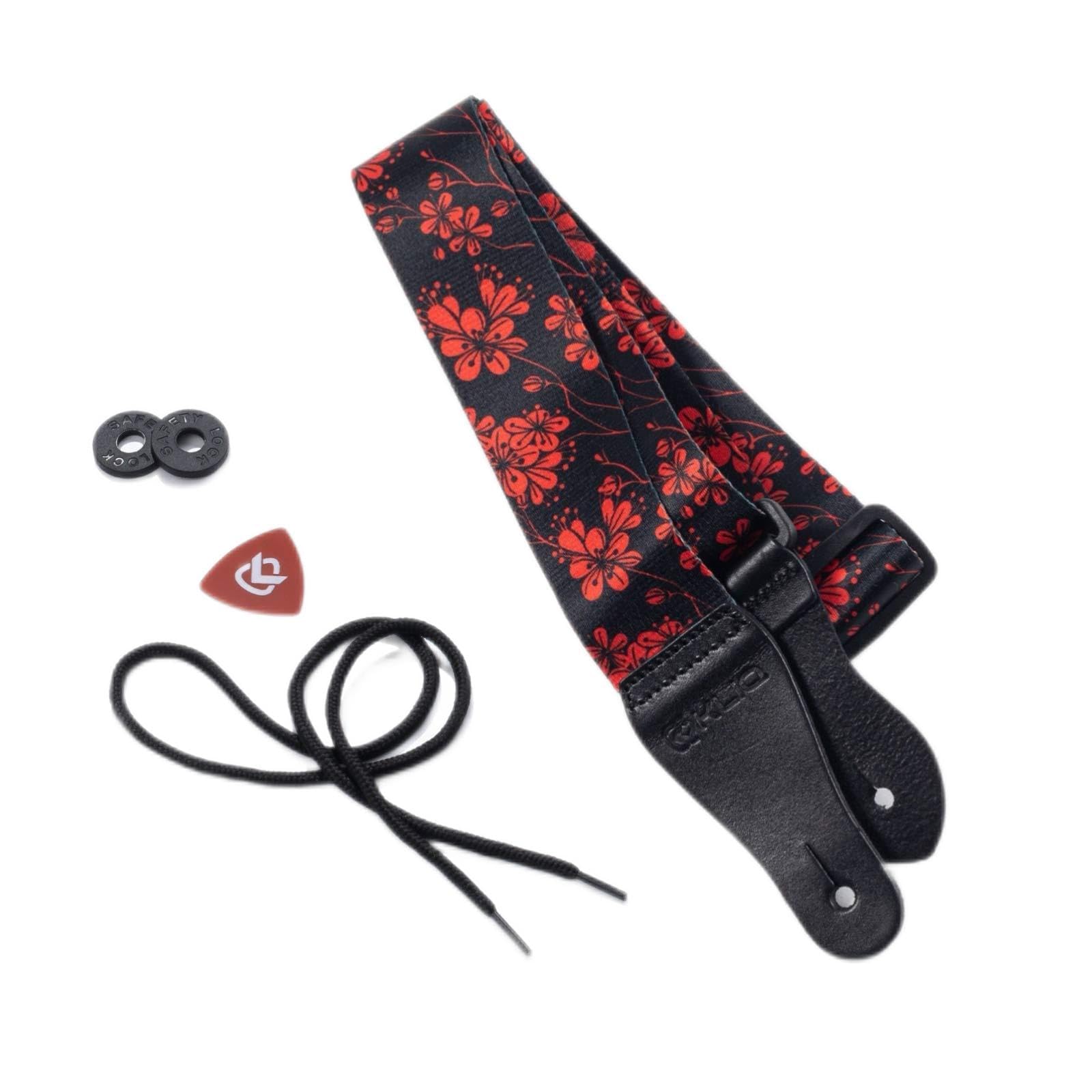 KLIQ Vintage Woven Guitar Strap for Acoustic & Electric Guitars - Adjustable, Comfortable with 2 Free Rubber Strap Locks, 2 Picks & 1 Lace | Red Floral Design | Perfect for Live Performances, Studio Sessions & Practice
