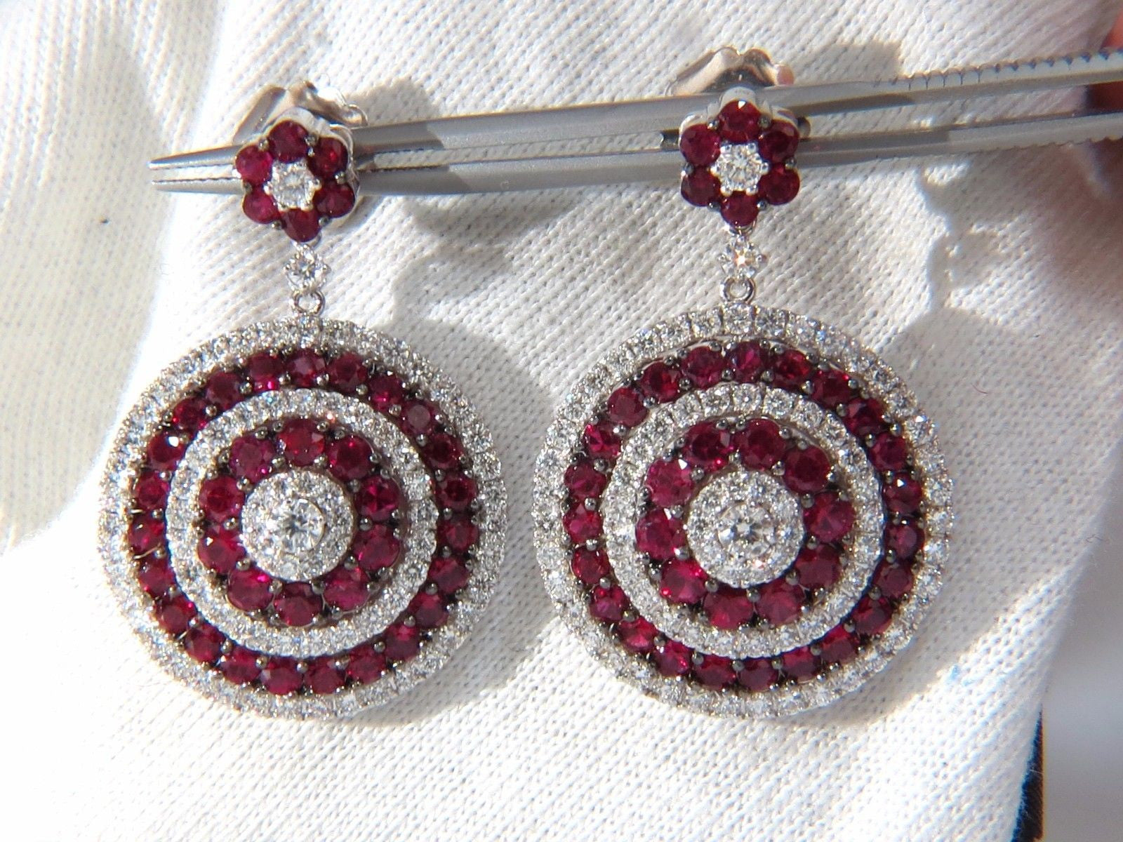 9.74ct Natural Red Ruby Diamond Dangling Earrings 18K Gold Roulette Bulls Eye - Elegant Jewelry for Weddings, Parties & Special Occasions