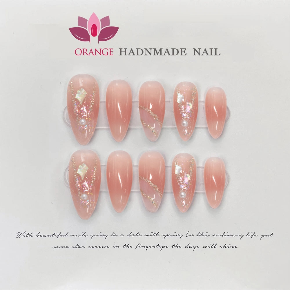 Reusable Handmade Stiletto Press On Nails - Full Cover Fake Nails with Orange Decoration for Manicure | Perfect for Parties, Weddings & Special Occasions