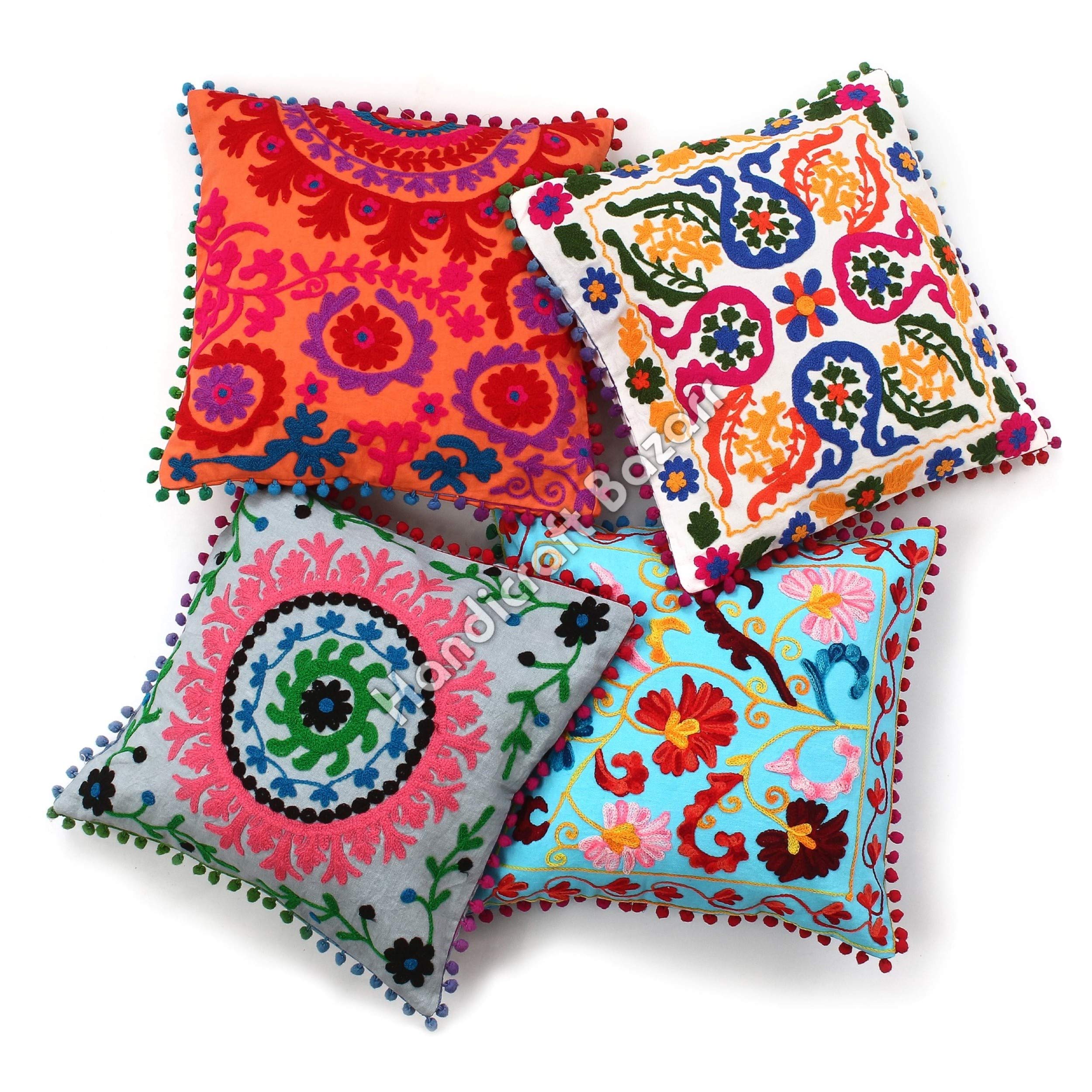 Handmade Embroidered Suzani Pillow Covers - 4 Piece Set, Black & White Decorative Throw Pillow Cases, 100% Indian Cotton Cushion Covers for Sofa, Bed & Home Decor | Boho Chic Living Room & Bedroom Accent Pillows