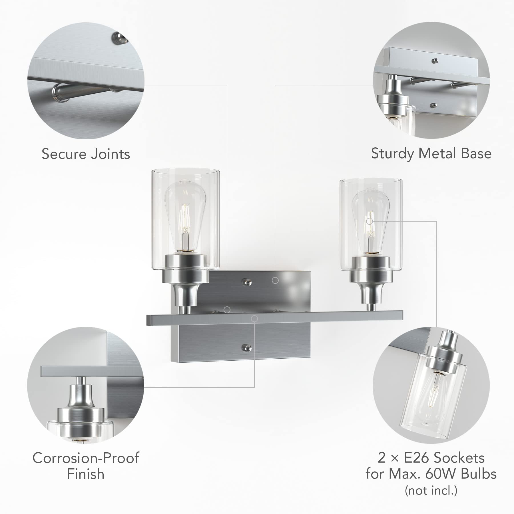 VONLUCE Modern 2-Light Bathroom Vanity Lighting Fixture - Clear Ribbed Glass Shades, Nickel Finish Wall Sconce for Mirror Illumination | Perfect for Bathroom, Powder Room & Dressing Area Makeup Lighting