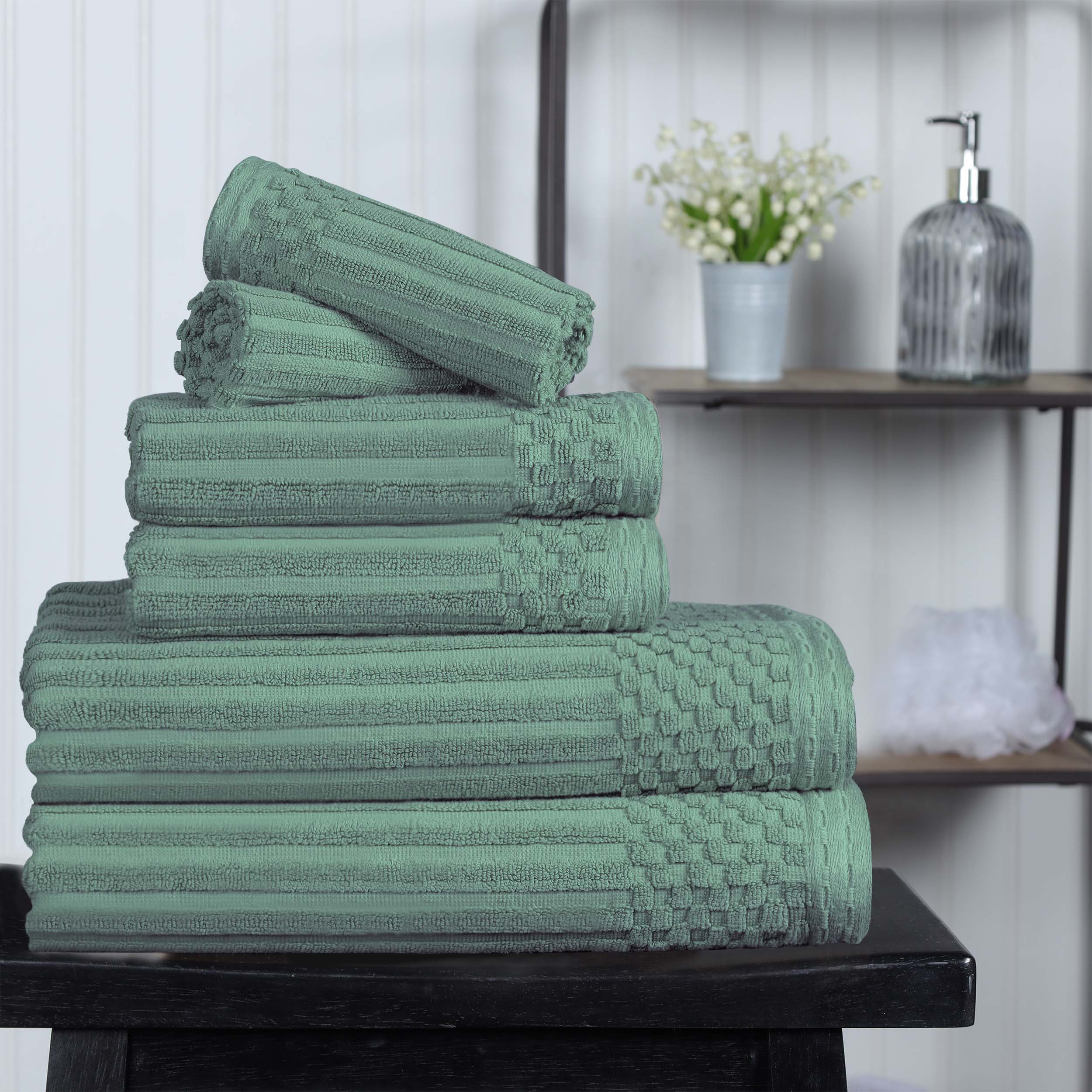Premium 6-Piece Cotton Ribbed Textured Towel Set - Medium Weight, Soft & Absorbent Bath Towels for Spa, Gym, and Everyday Use