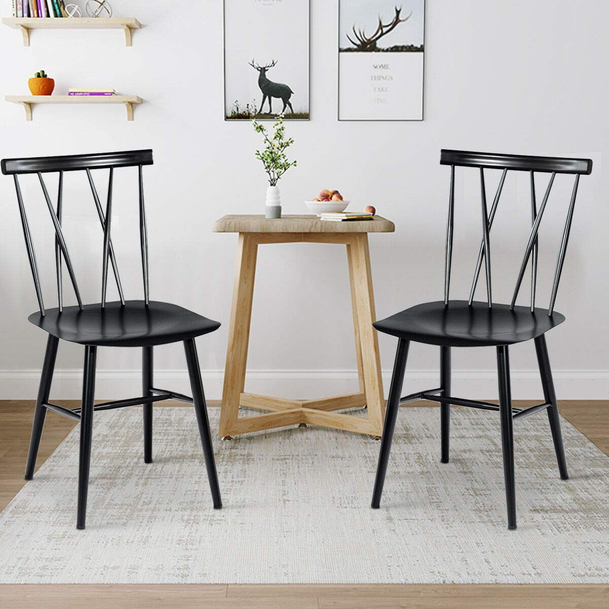 COSTWAY Dining Chair Set of 2 - Farmhouse Windsor Chairs with Spindle Back & Sturdy Metal Frame, 17'' Height Kitchen Side Chairs for Dining Room, Living Room or Restaurant Use | Perfect for Home Decor, Family Gatherings & Commercial Spaces