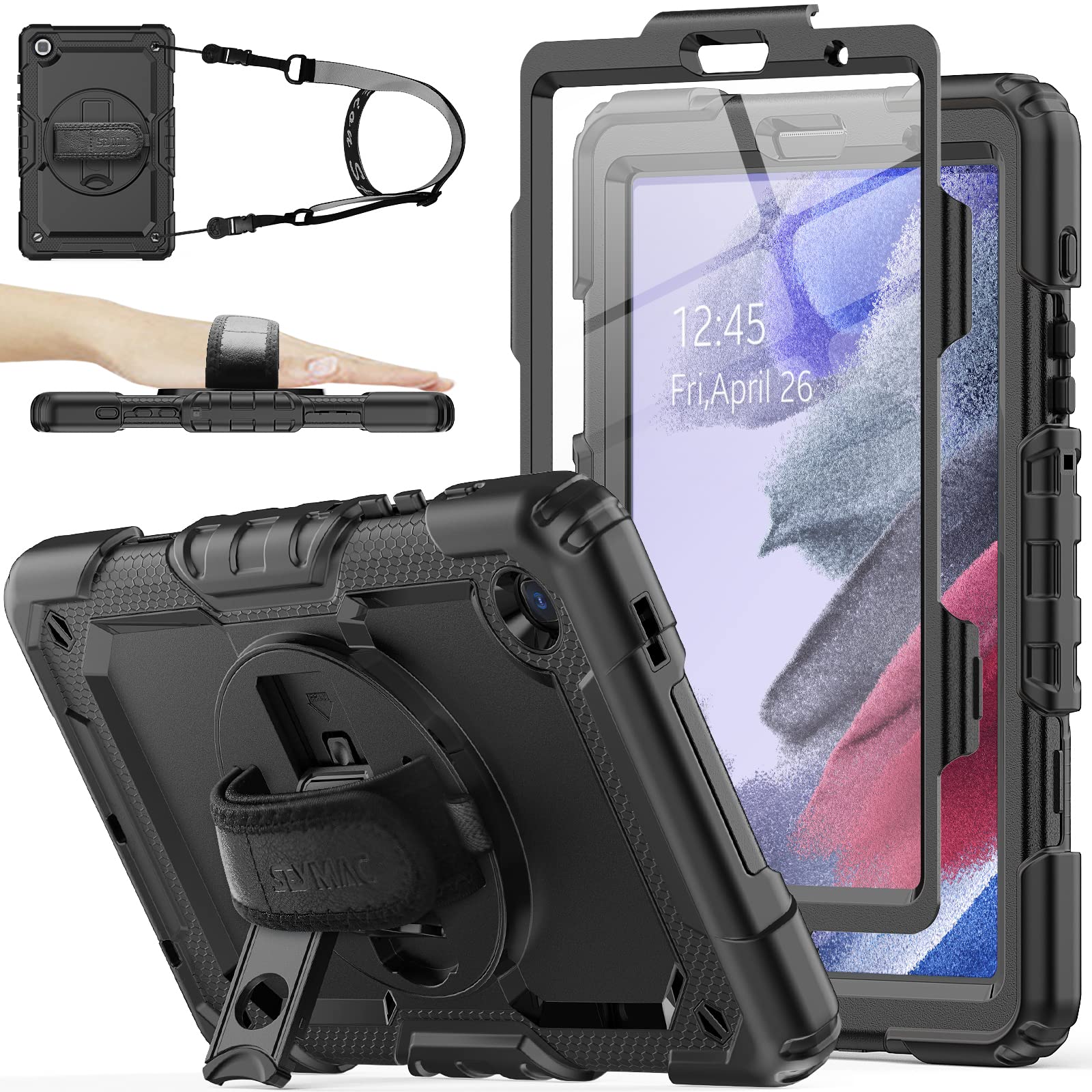 Samsung Galaxy Tab A7 Lite Case 8.7 Inch (2021 Model SM-T220/T225/T227) - Shockproof Protective Cover with Built-in Stand, 360° Rotating Hand Strap, Pencil Holder & Screen Protector Included - Perfect for Work, Travel and Home Use (Black)