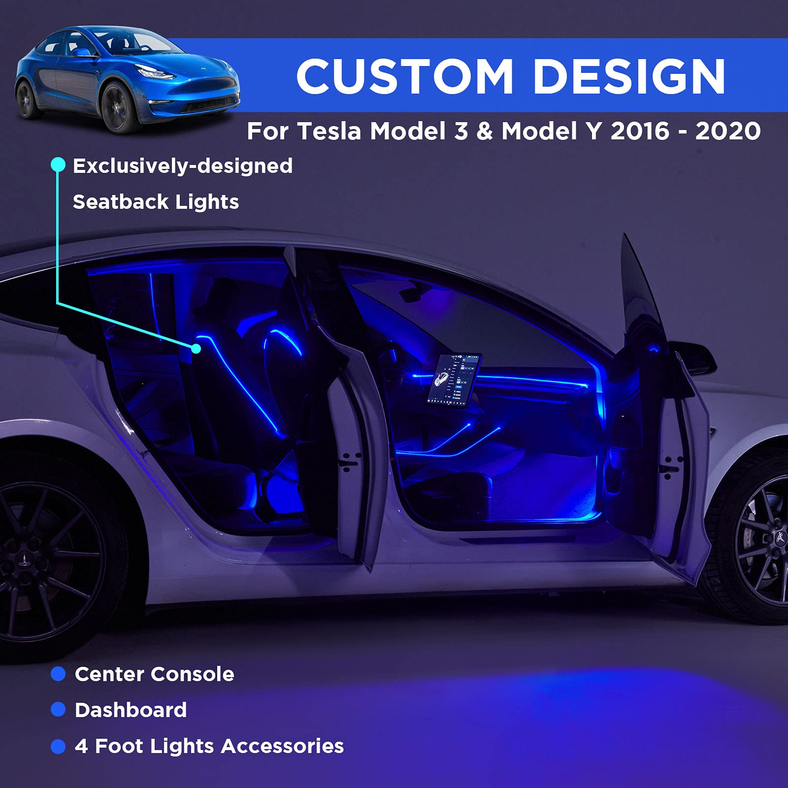 2016-2020 Tesla Model 3 & Y Interior LED Ambient Lighting Kit - APP Controlled Neon Lights (Center Console, Dashboard, Seat Back & 4 Foot Lights) with Matching Armrest Organizer | Customizable Car Mood Lighting for Night Driving & Interior Styling