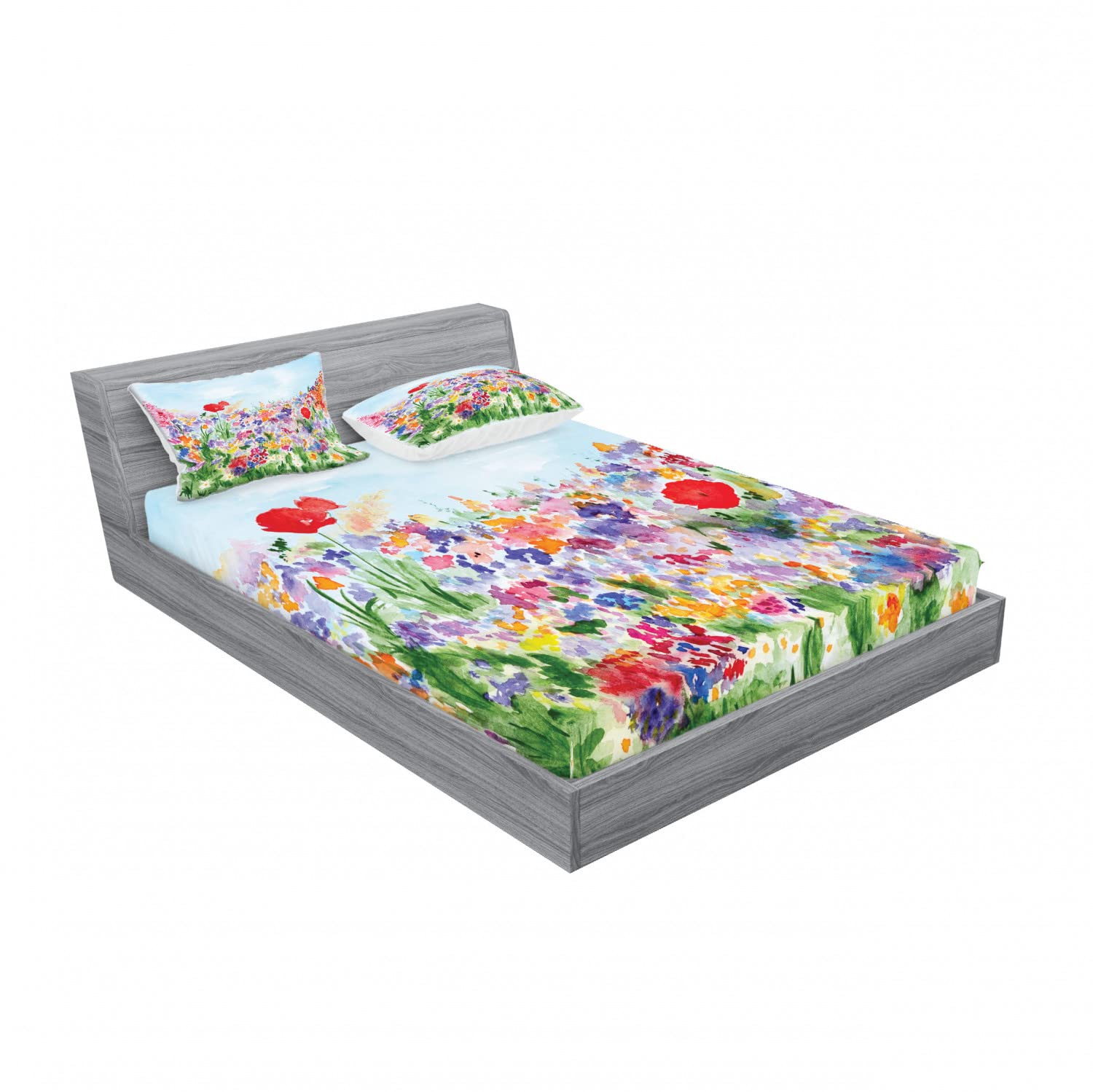 Ambesonne Floral King Size 2-Pack Fitted Sheet Set with 4 Pillow Shams - Summer Blooms Pattern in Red Green & Purple - Soft Bedding Decor for Master Bedroom, Guest Room & Vacation Homes