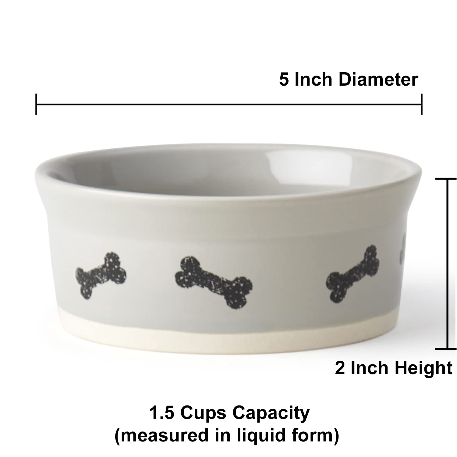 PetRageous 17002 Classy Bones Two-Tone Stoneware Dog Bowl - 1.5-Cup Capacity, 5-Inch Diameter, 2-Inch Tall - Dishwasher Safe for Small Dogs & Cats - Grey - Perfect for Puppies, Kittens & Pet Feeding Stations