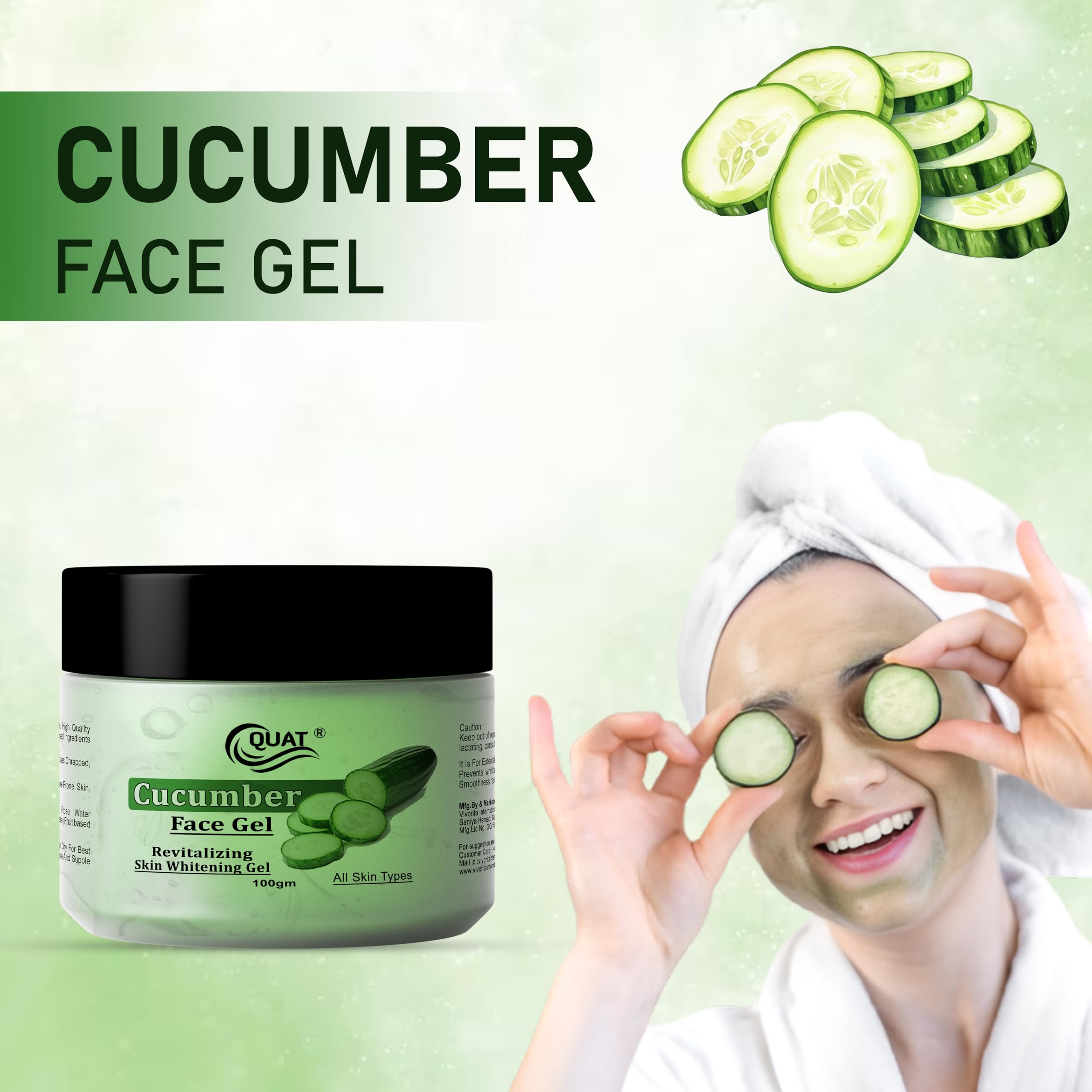 Quat Face Gel for Glowing Skin - Hydrating Cucumber Gel for Women & Men | Daily Skincare Routine, Morning & Night Moisturizer