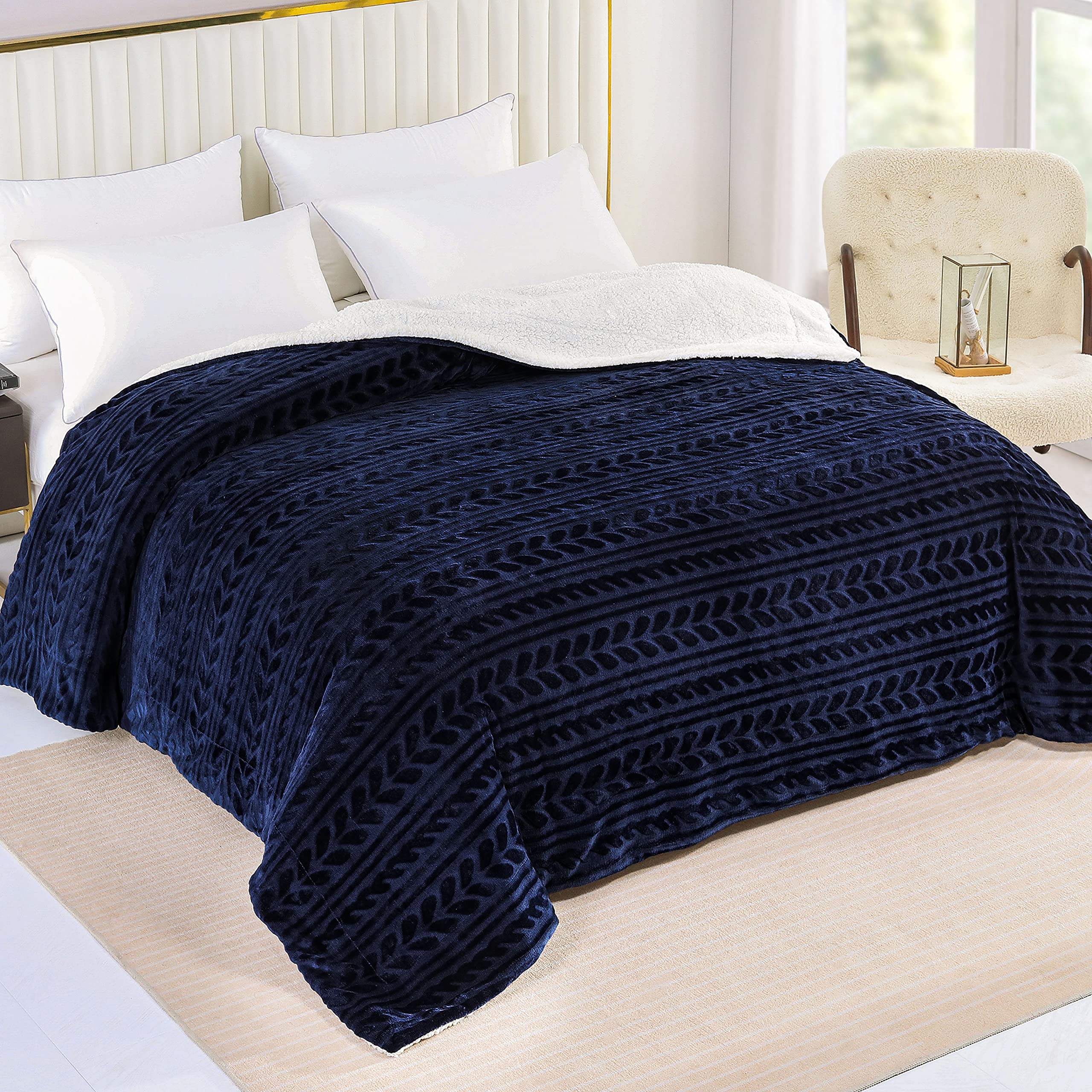 Exclusive Queen Size Sherpa Fleece & Reversible Velvet Bed Blanket - Ultra Soft Warm Throw Blanket for Bed, Couch, Sofa (90x90 Inches, Navy Blue) - Perfect for Winter Nights, Cozy Home Decor & Gift Giving
