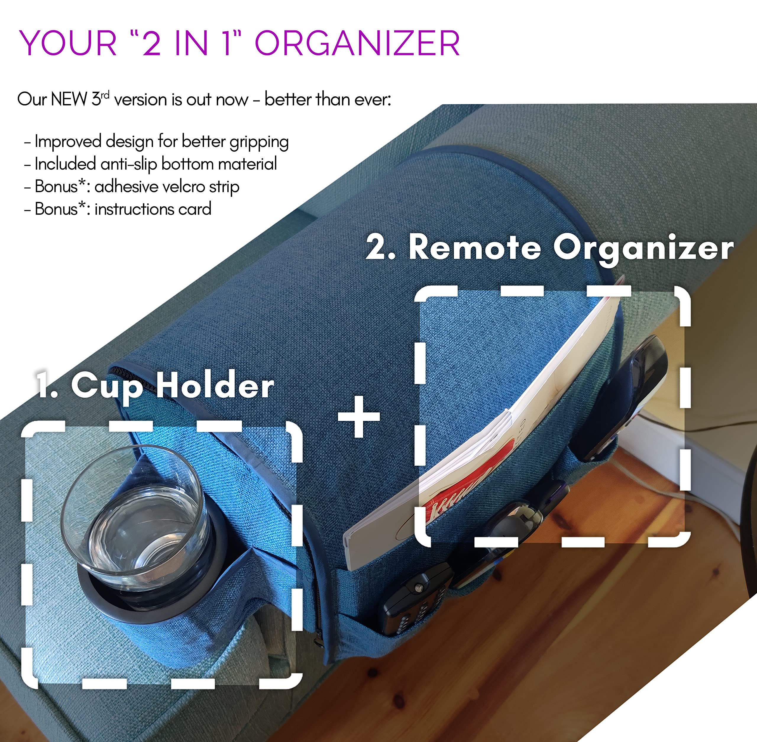 **Non-Slip Couch Caddy Remote Control Holder - 6 Storage Pockets & Drink Caddie for Armchair, Recliner & Sofa (8 Inches, Dark Teal) - Perfect for Living Room, Bedroom & Home Theater**