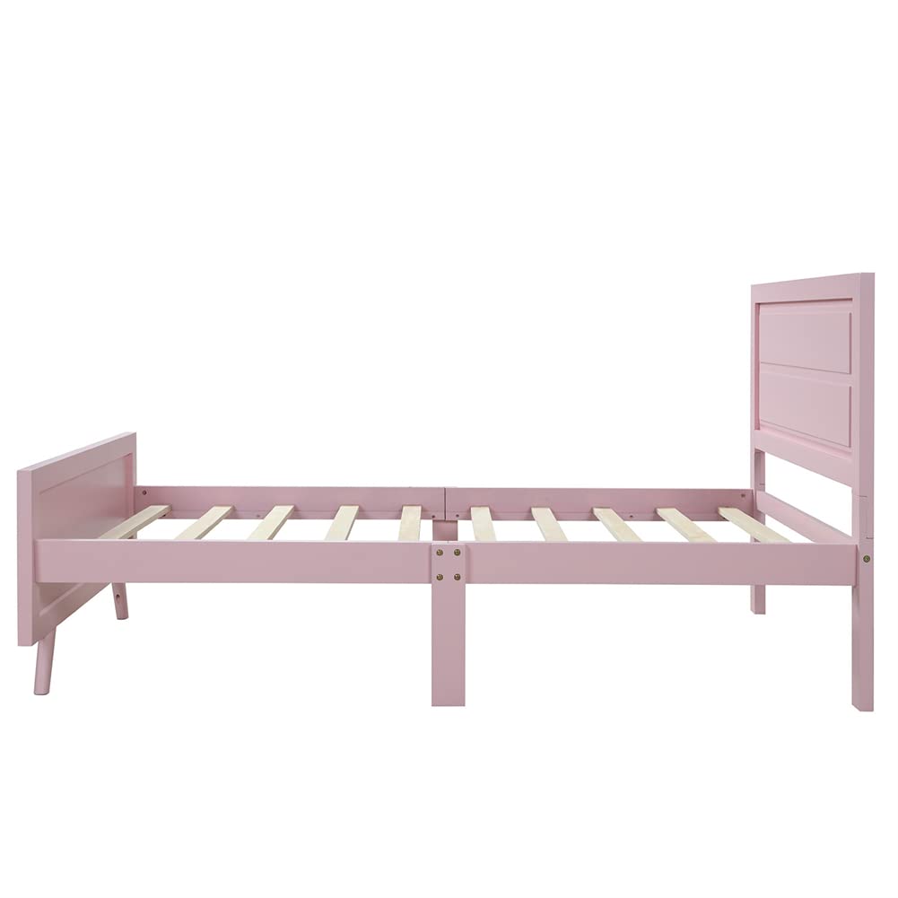 **Pink Twin Size Platform Bed Frame with Wood Slat Support - Rectangular Headboard & Footboard - Sturdy Bedroom Furniture with Under-Bed Storage Space - Perfect for Small Rooms, Kids' Bedrooms & Modern Apartments**