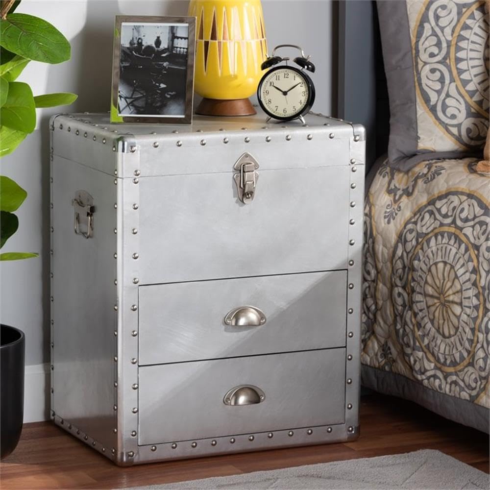 Baxton Studio Serge French Industrial Silver Metal 2-Drawer Accent Storage Chest - Vintage Style Bedroom Dresser for Clothes & Jewelry Organization