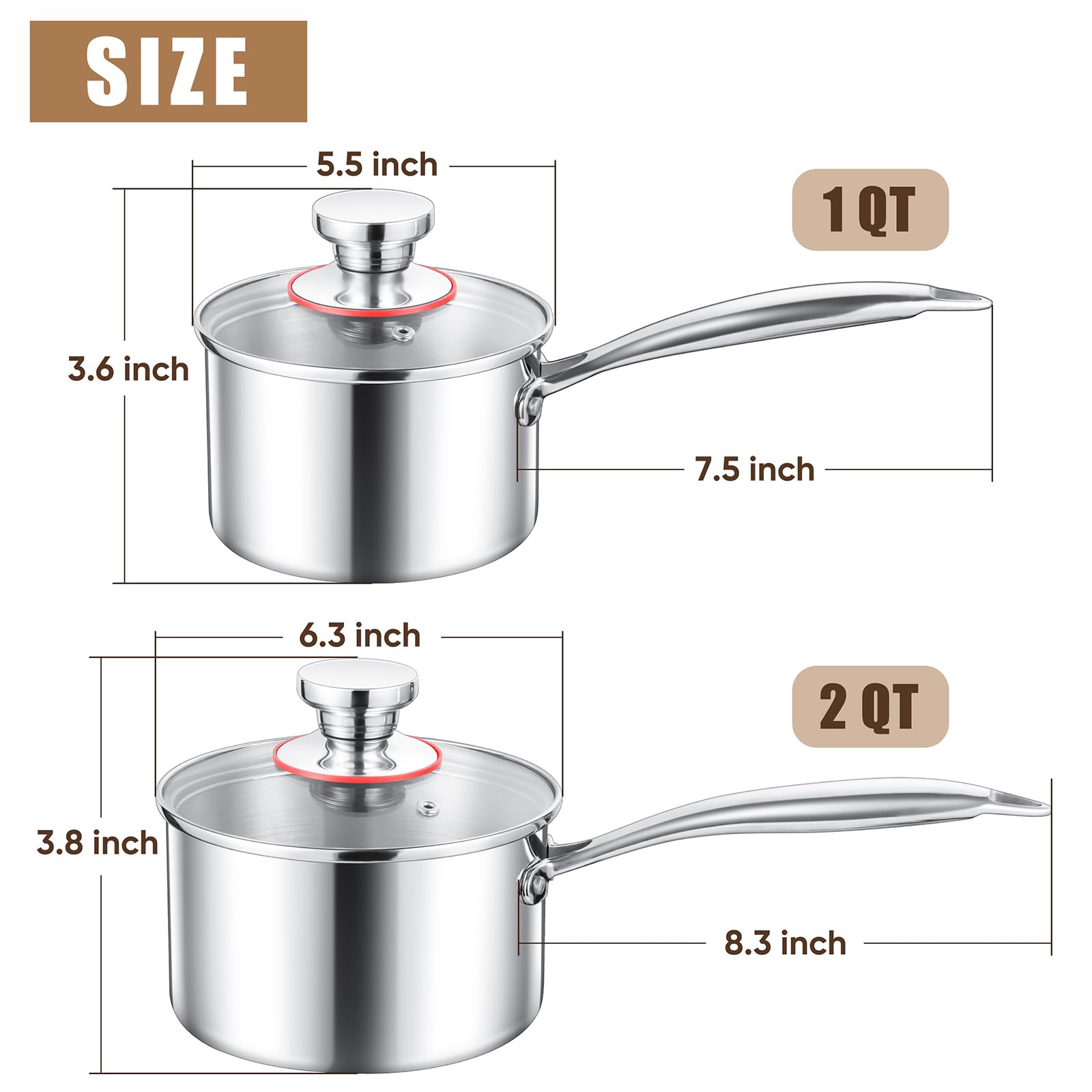 E-far 1Qt & 2Qt Stainless Steel Tri-Ply Saucepan Set with Lid - Induction Ready Heavy Duty Cookware for Pasta, Milk, Soup - Perfect for Small Kitchen & Daily Cooking