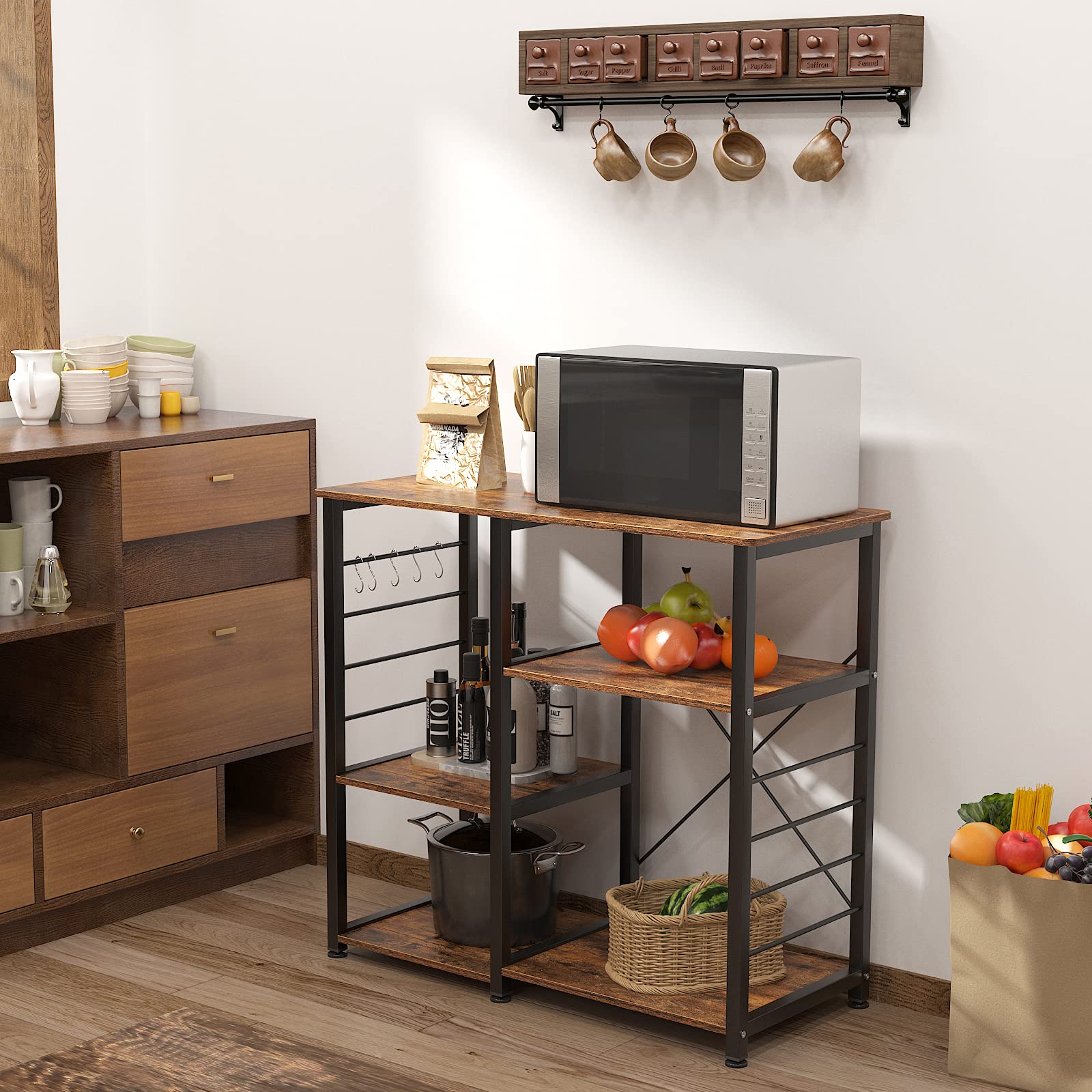 SogesGame Retro Kitchen Bakers Rack with Storage - Microwave Oven Stand, Utility Shelf, Coffee Station - Perfect for Home Kitchen Organization & Small Space Solutions