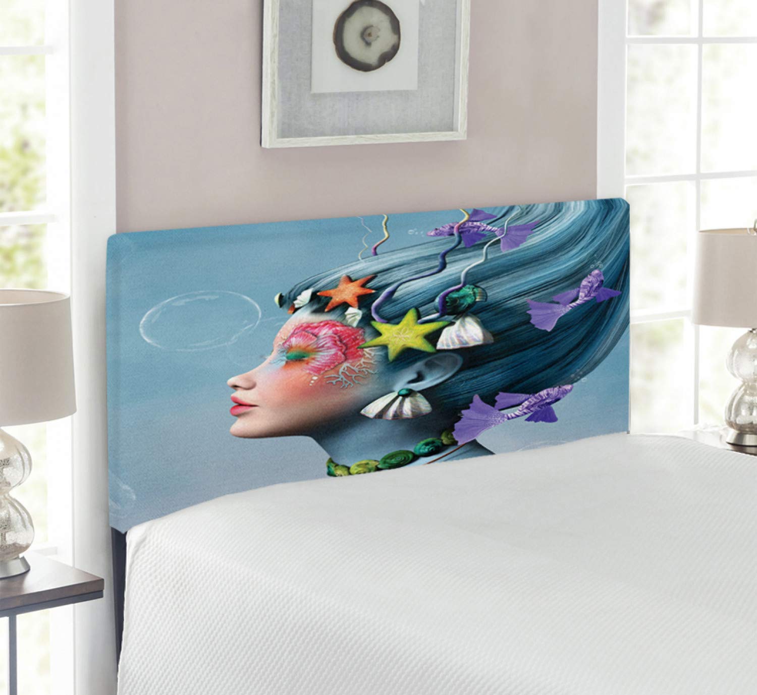 Ambesonne Mermaid Twin Size Upholstered Headboard - Underwater Themed Decorative Metal Bed Headboard with Memory Foam, Starfish & Seashell Design for Girls' Bedroom, Dorm or Coastal Home Decor