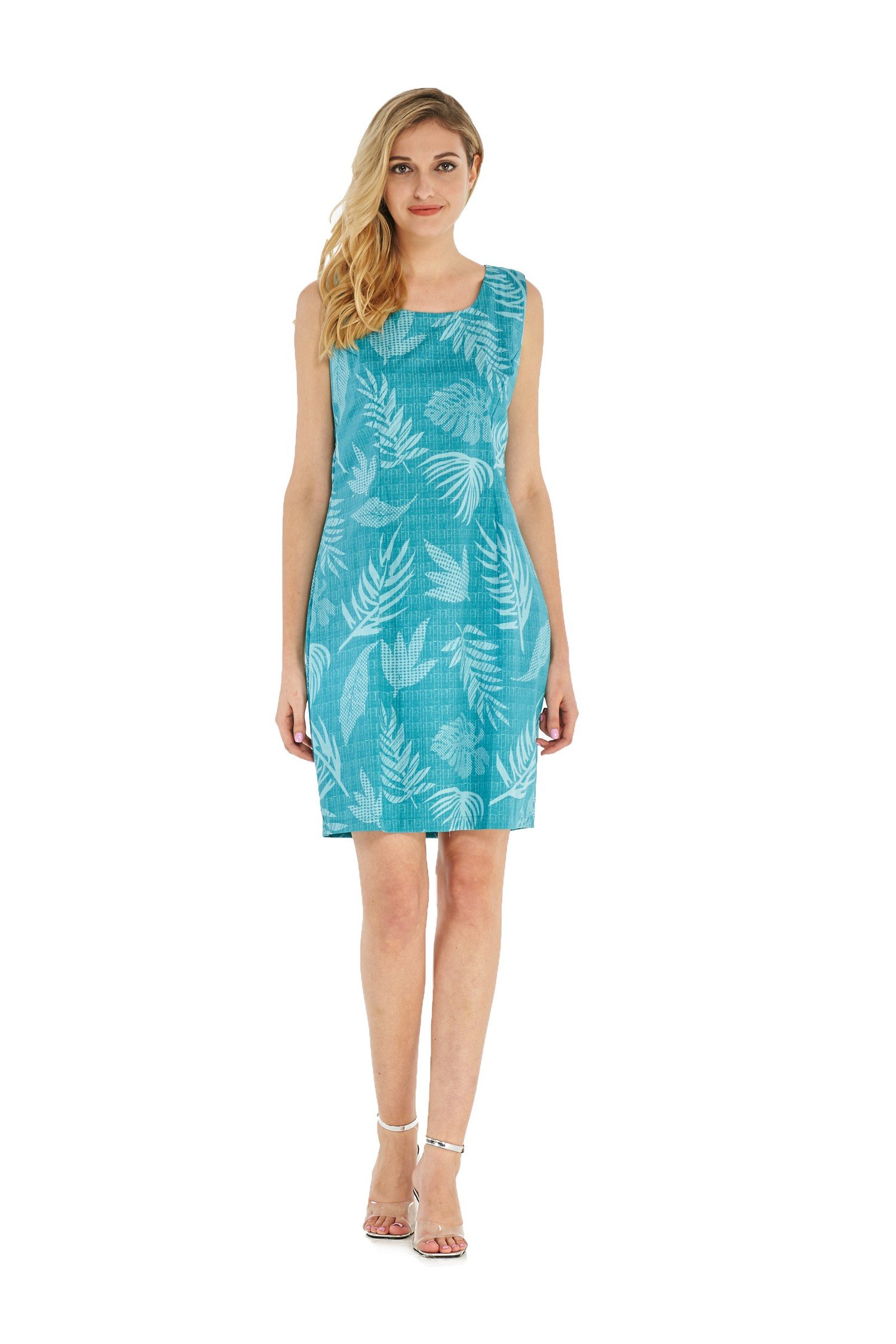 Women's Hawaiian Luau Tank Dress - Aqua Leaf Floral Print Summer Beach Dress for Vacation, Pool Party & Tropical Getaway