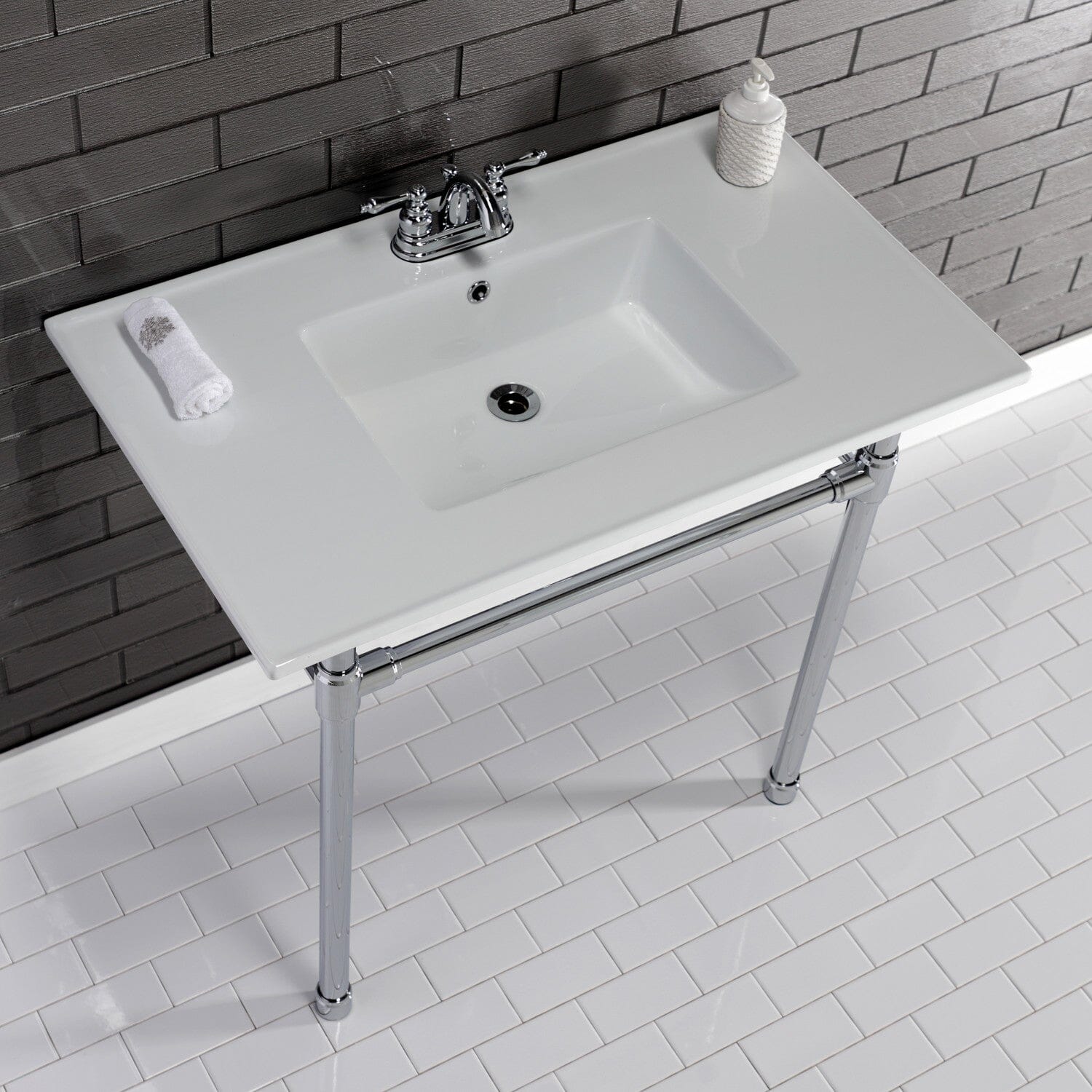 Dreyfuss 37 Inch White Ceramic Bathroom Console Sink with Stainless Steel Legs - 4 Inch Overflow, 3 Hole Faucet Drilling - Perfect for Modern Farmhouse, Powder Room & Guest Bathroom Vanity