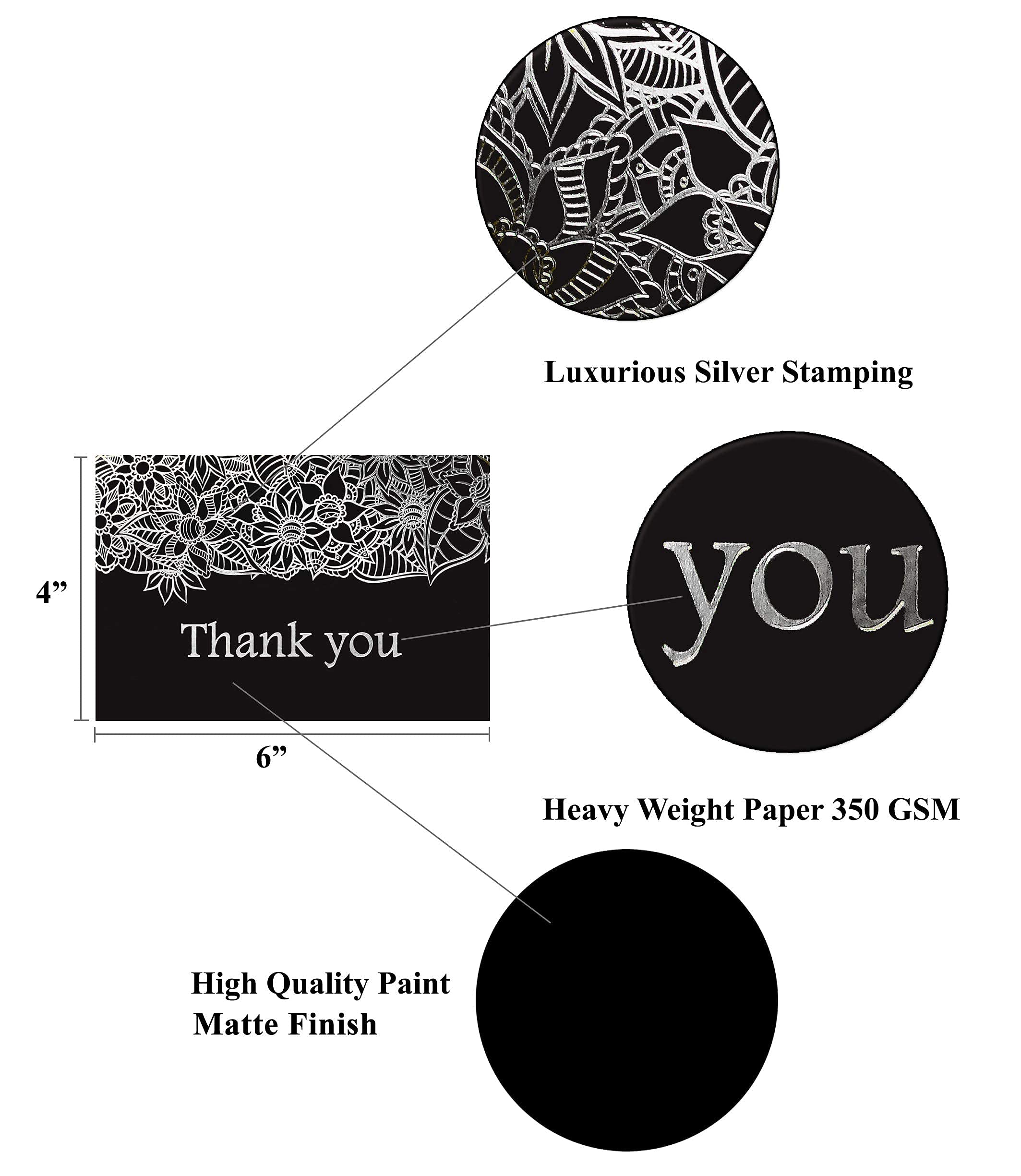 120 Premium Black Thank You Cards with Matching Envelopes & Sealing Stickers - 6 Elegant Embossed Silver Foil Designs on Thick 4x6
