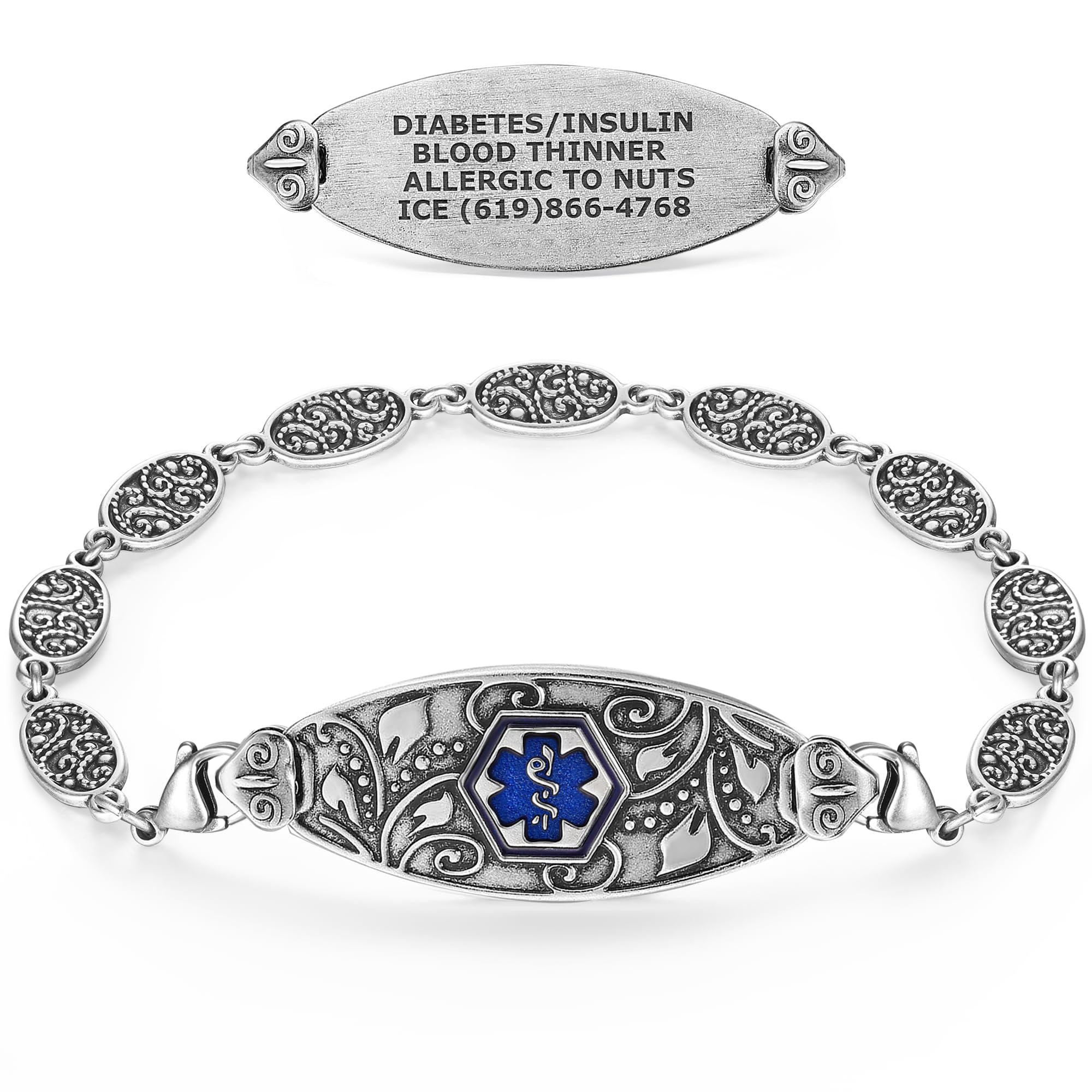 Divoti Custom Engraved Medical Alert Bracelet for Women - Heritage Silver Filigree Medical ID Jewelry for Diabetes, Allergies & Emergency Info - Perfect for Everyday Wear & Special Occasions