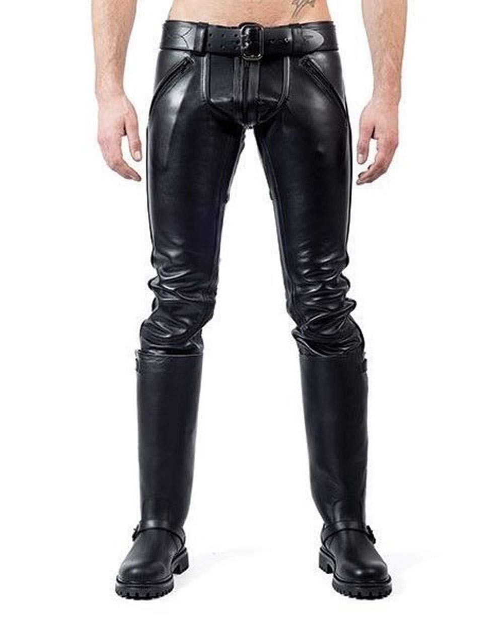 AHINT CO Men's Real Leather Pants with Double Zippers - Gay Interest BLUF Pants for Nightclubs, Parties & Fashion Events