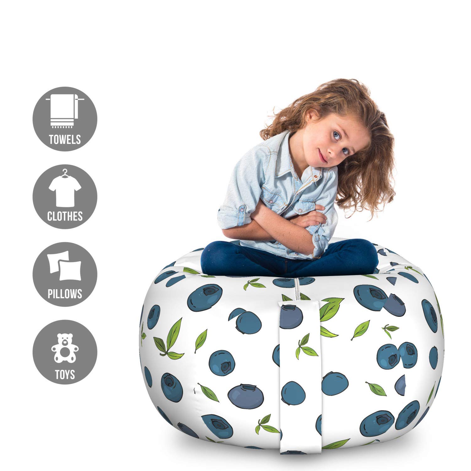 Ambesonne Fruit Storage Toy Bag Chair - Large Washable Stuffed Animal Organizer with Blueberry Design in Petrol Blue, White & Green | Perfect for Kids' Room, Nursery Storage & Pet Toy Organization