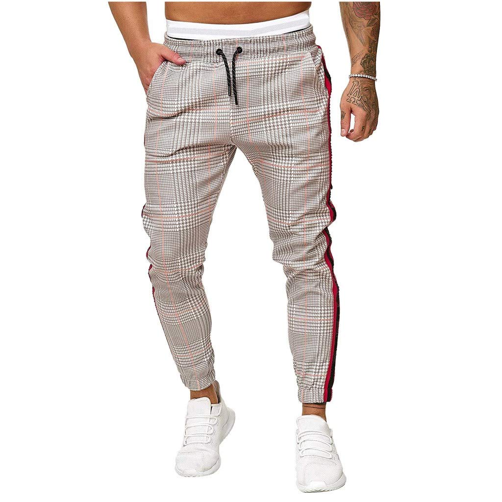Men's Slim-Fit Jogger Pants - Gym Workout Sweatpants with Plaid Stripe Print & Pockets - Khaki | Perfect for Running, Training & Casual Wear