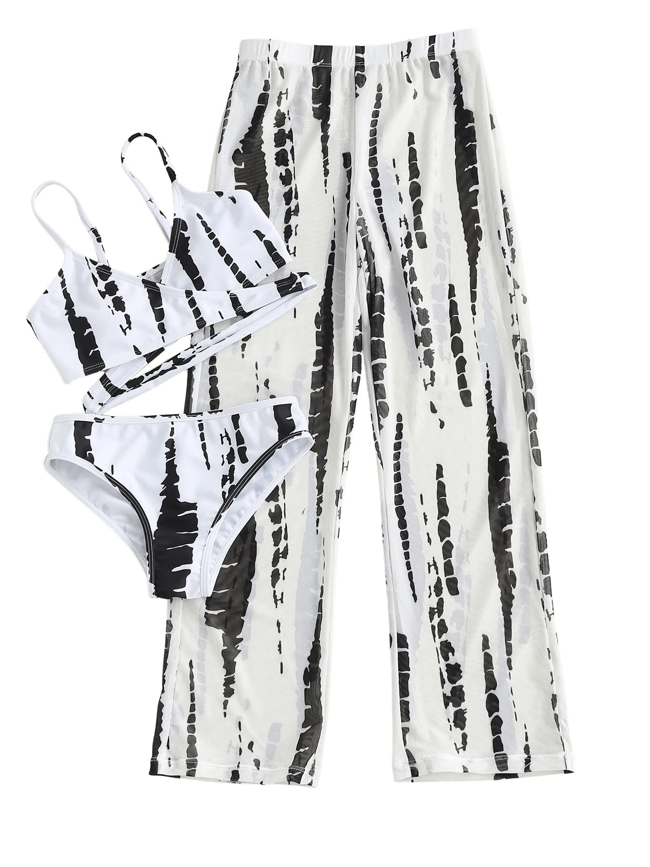SOLY HUX Girls' 3-Piece Printed Bikini Set with Cover-Up Pants - Black & White Floral Swimwear for Teens & Juniors | Beach Vacation, Pool Party, Summer Outfits
