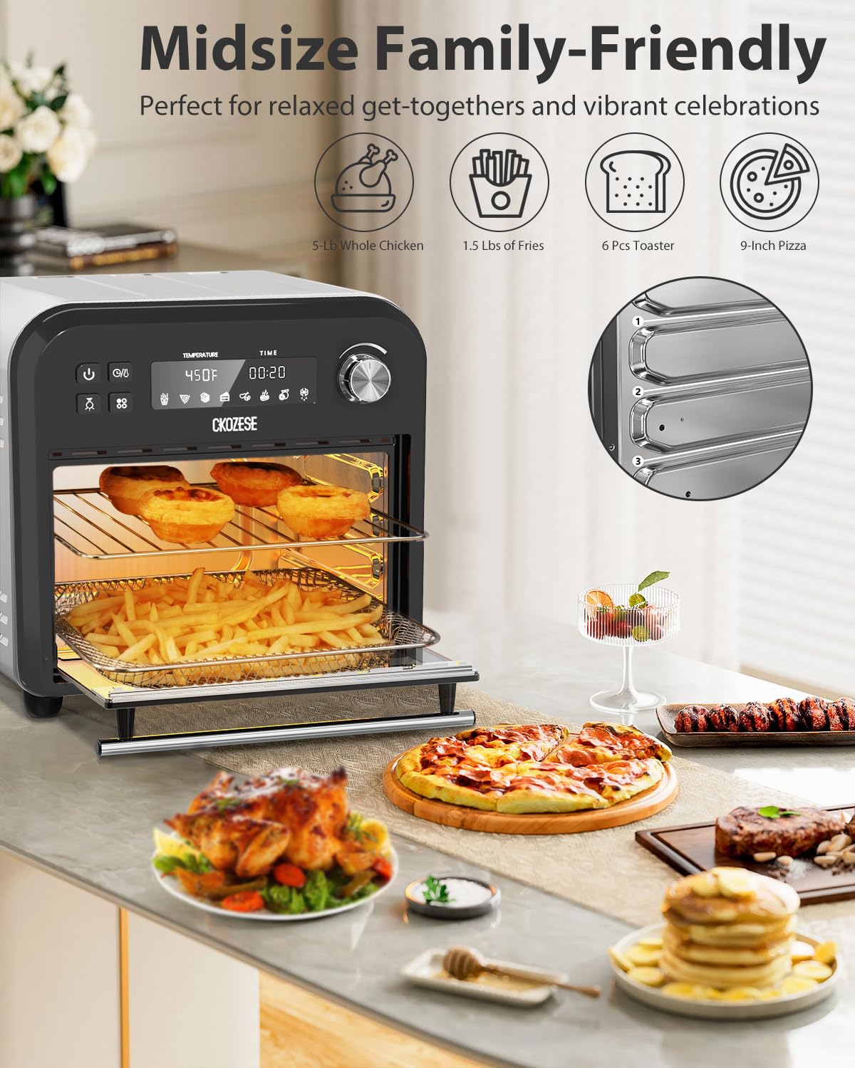 14QT Air Fryer Toaster Oven - 8-in-1 Smart Countertop Convection Oven with Grill, Roast, Bake, Broil & Dehydrate Functions | Stainless Steel Oil-Free Cooking | Includes 45 Recipes & Accessories | Perfect for Healthy Meals, Family Dinners & Party Snacks