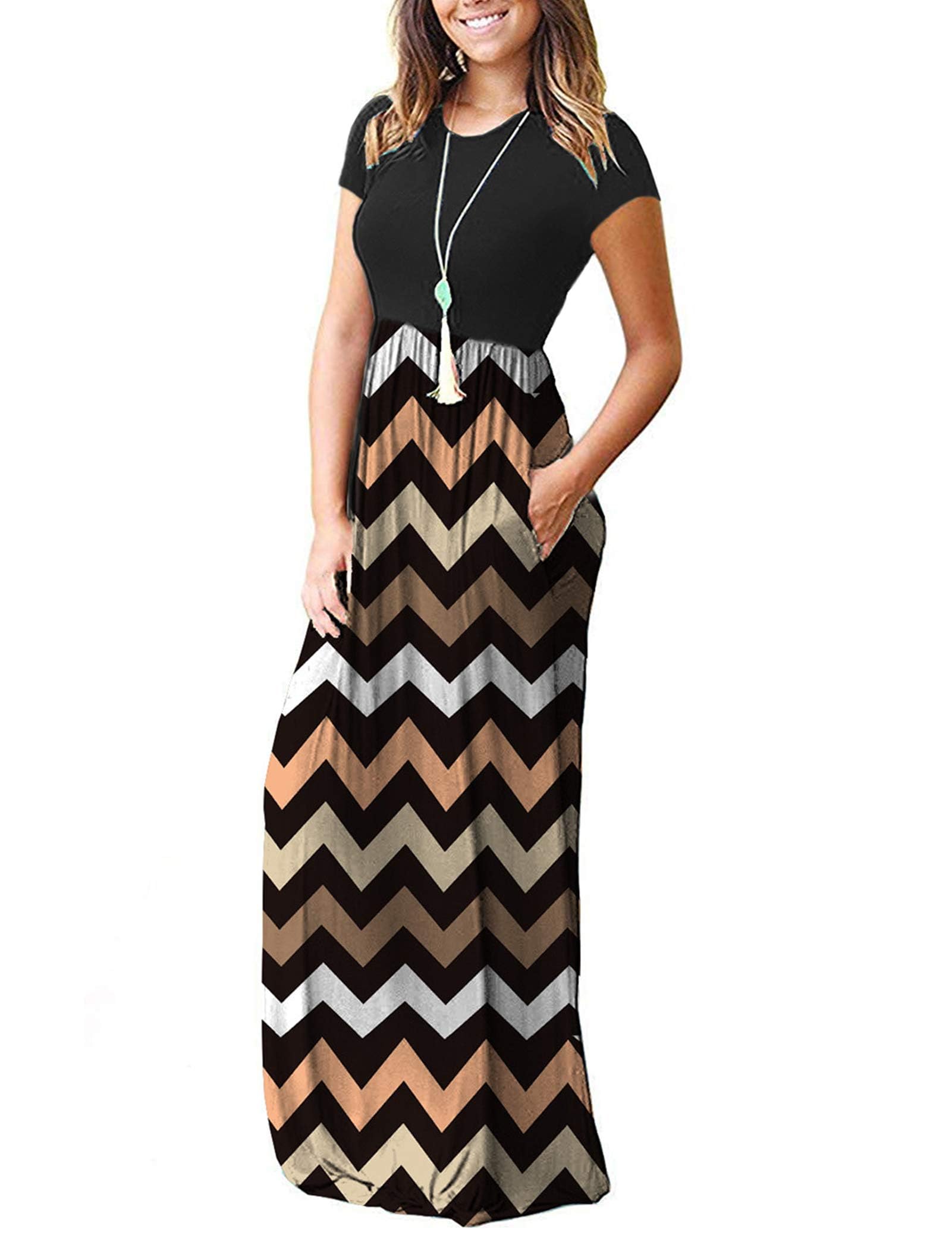 MISFAY Women's Casual Short Sleeve Loose Plain Maxi Dress with Pockets - Summer Beach, Travel & Everyday Wear Long Dress