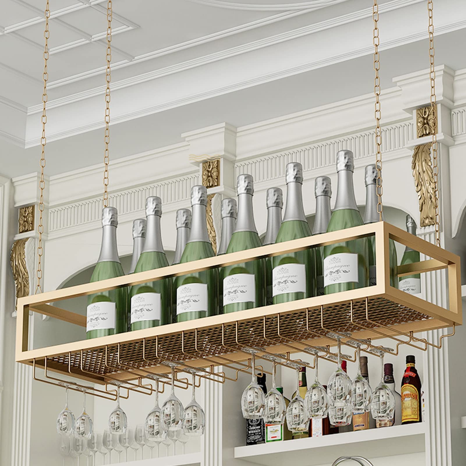 Wall Mounted Metal Floating Wine Rack & Stemware Holder - 100x25x20cm Bar Shelf Organizer for Champagne Glasses & Bottle Storage - Perfect for Home Bars, Kitchens, and Dining Room Decor