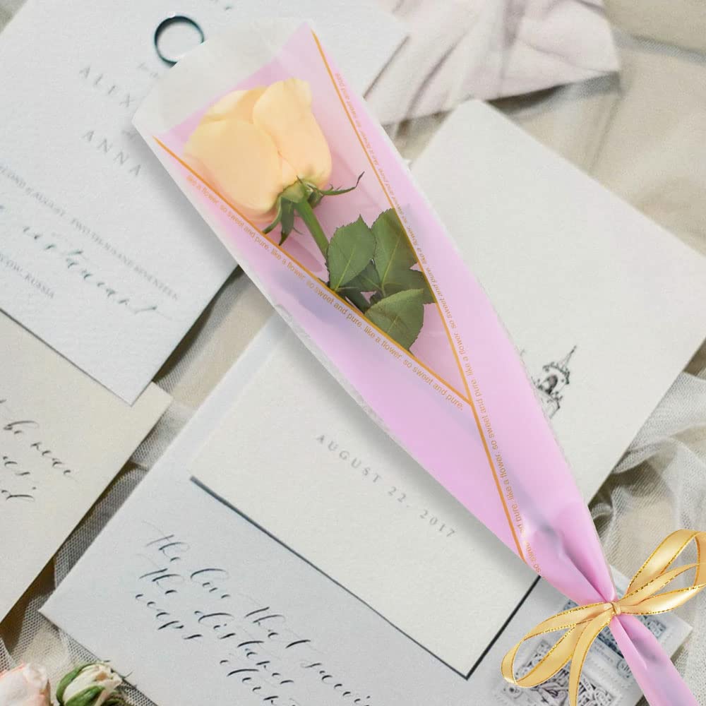 BEISHIDA 100 PCS Single Rose Sleeve Plastic Flower Wrapping - Pink & Gold Letter Cellophane Sleeves for Florist Bouquet, Wedding, Mother's Day & Valentine's Day Gifts - Perfect for DIY Floral Arrangements & Romantic Surprises