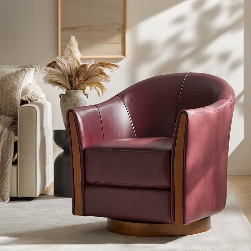Clara Genuine Leather Swivel Barrel Chair with Solid Wood Base - Stylish Home Office & Living Room Accent Chair for Comfortable Seating
