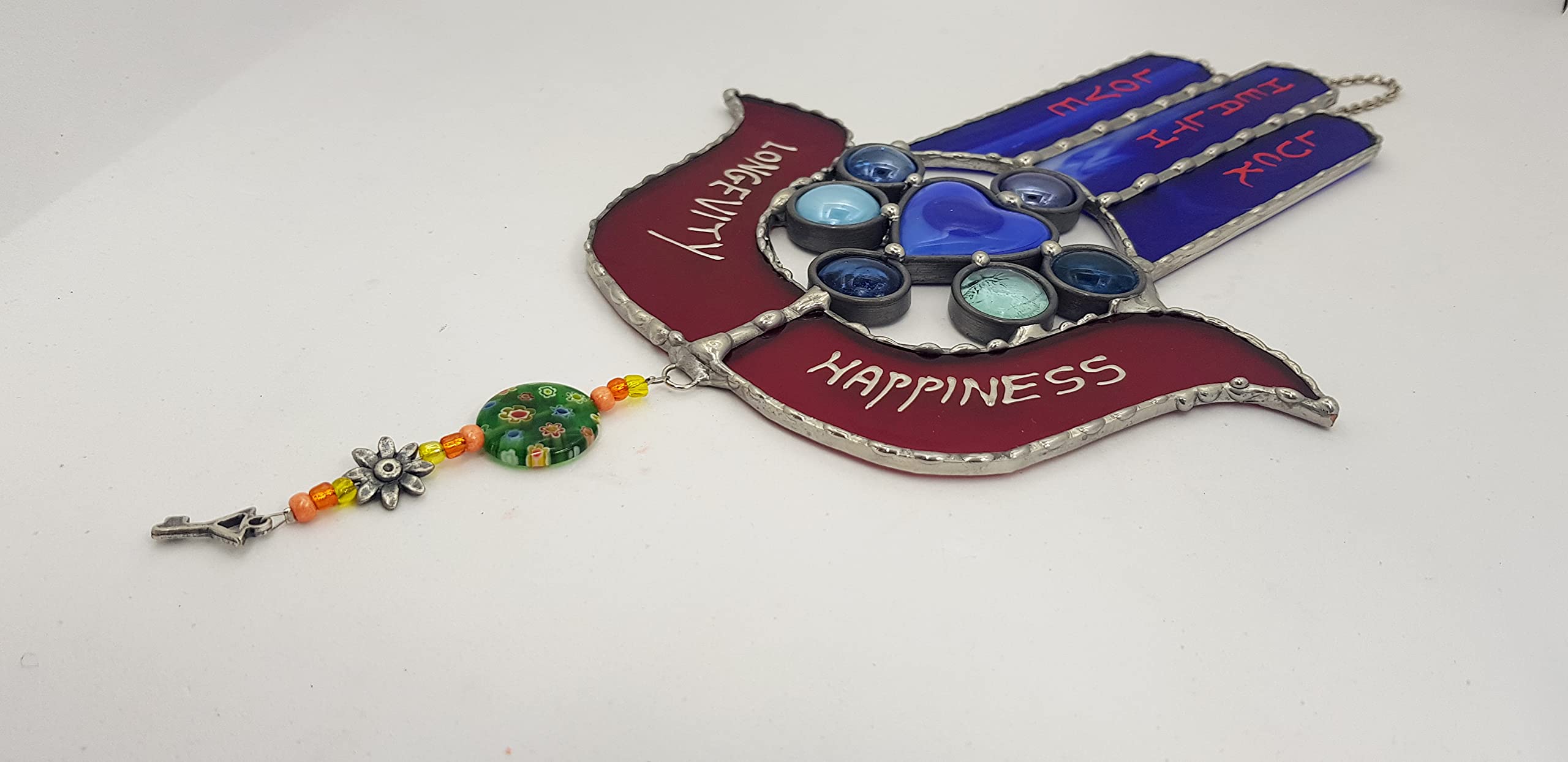 Beautiful Hamsa With 5 Blessings Stained Glass Wall Art - Spiritual Home Decor, Good Luck Gift for Jewish Holidays, Housewarming & Protection - Perfect for Living Room, Bedroom or Office Decor