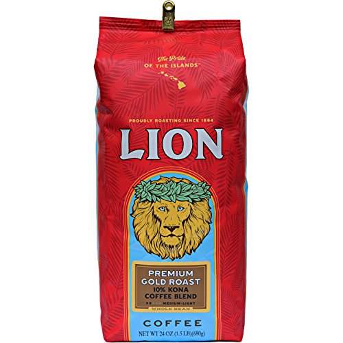 Lion Coffee Premium Gold Roast - 10% Kona Coffee Blend Whole Bean (24oz) - Rich & Smooth Flavor for Home Brewing, Office & Gifts