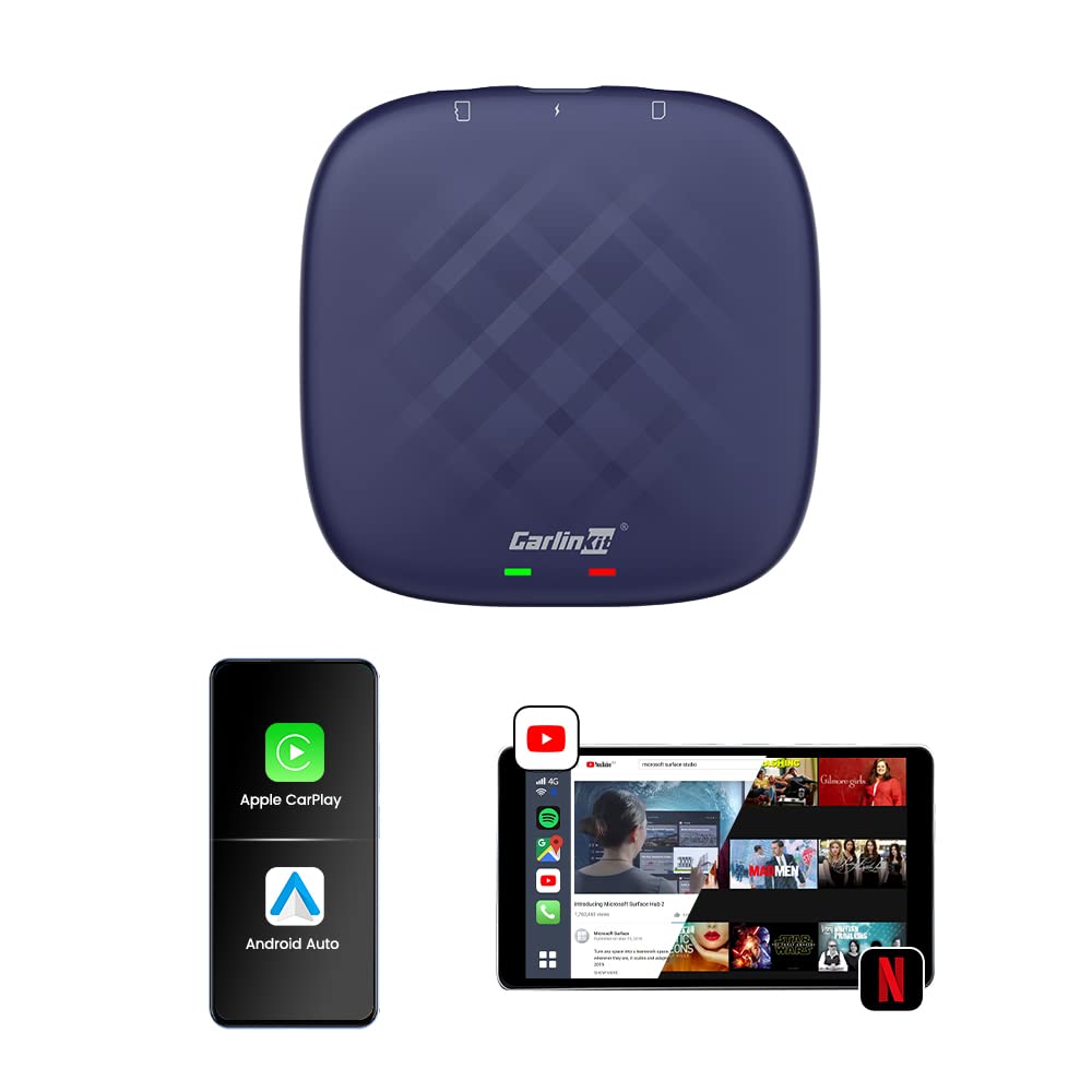 Wireless CarPlay & Android Auto Adapter - CarlinKit AI Box with Android 12.0, 4G LTE, 4+64GB, QCM6125 Octa-Core, Bluetooth 5.0 - Supports Netflix, YouTube & Google Play - Perfect for In-Car Entertainment & Navigation