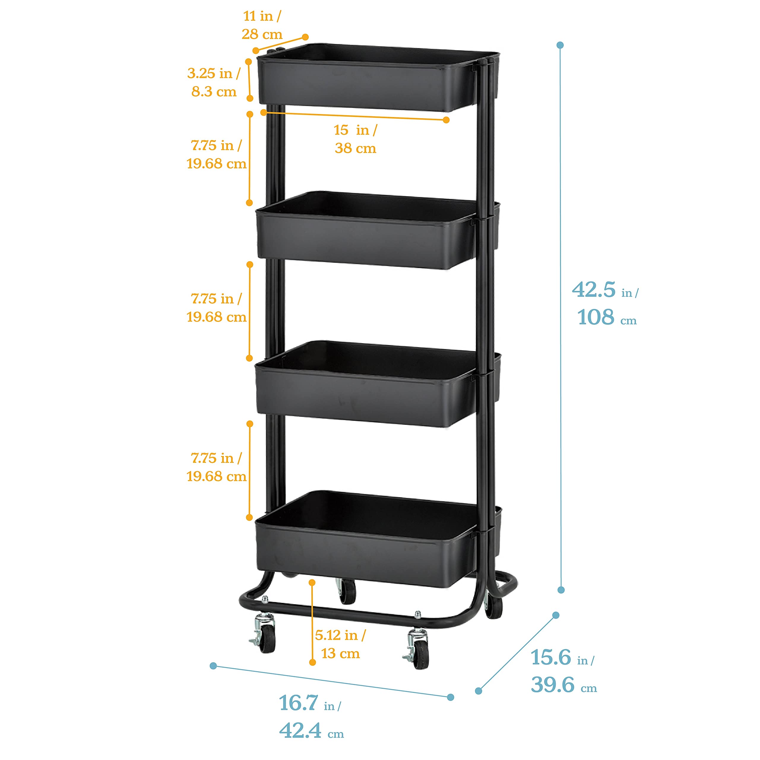 ECR4Kids 4-Tier Metal Rolling Utility Cart with Wheels - Black Multipurpose Storage Organizer for Kitchen, Office, Classroom, Craft Room & Home Organization