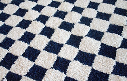 Handmade Checkered Beni Ourain Moroccan Wool Rug - Dark Blue & White Tribal Woven Area Rug for Living Room Decor | Cozy Home Accent, Boho Chic Floor Covering, Perfect for Bedroom & Lounge Areas