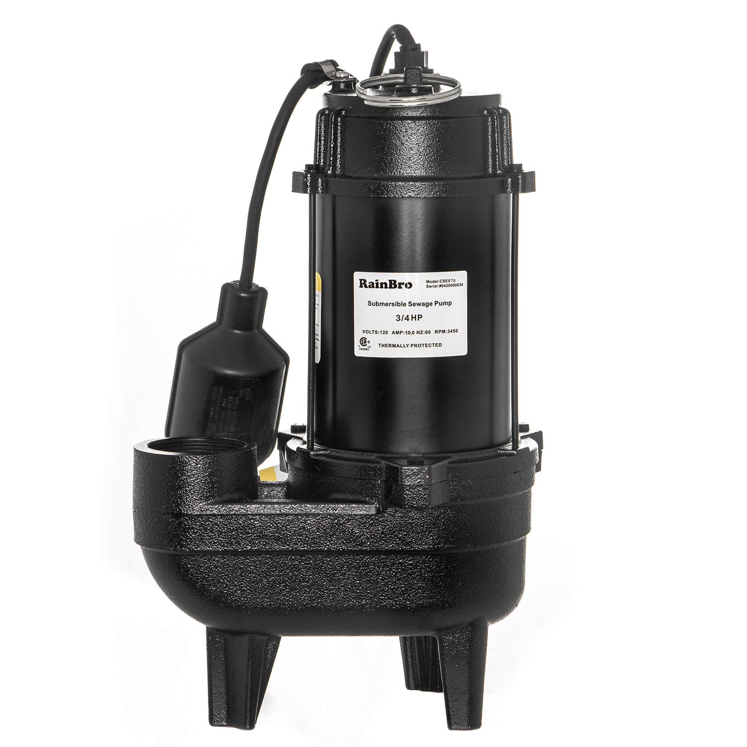 RainBro 3/4 HP Cast Iron Submersible Sewage Pump with 10 ft. Piggy Back Tether Float Switch - Heavy Duty Water Removal for Basements, Construction Sites & Flood Control (Model CSE075)