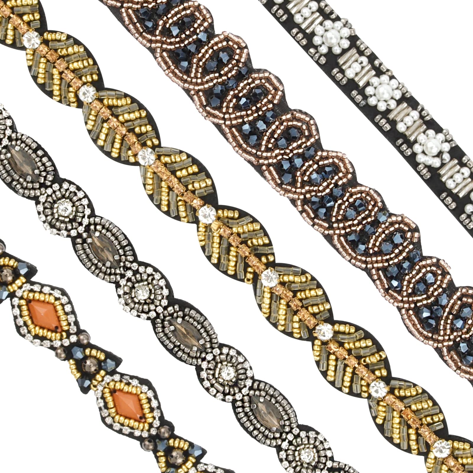 AMCAMI 5-Piece Rhinestone Beaded Hairband Set for Women - Elegant Crystal Jeweled Headbands - Handmade Hair Accessories for Women & Girls (Weddings, Parties, Prom, Daily Wear)