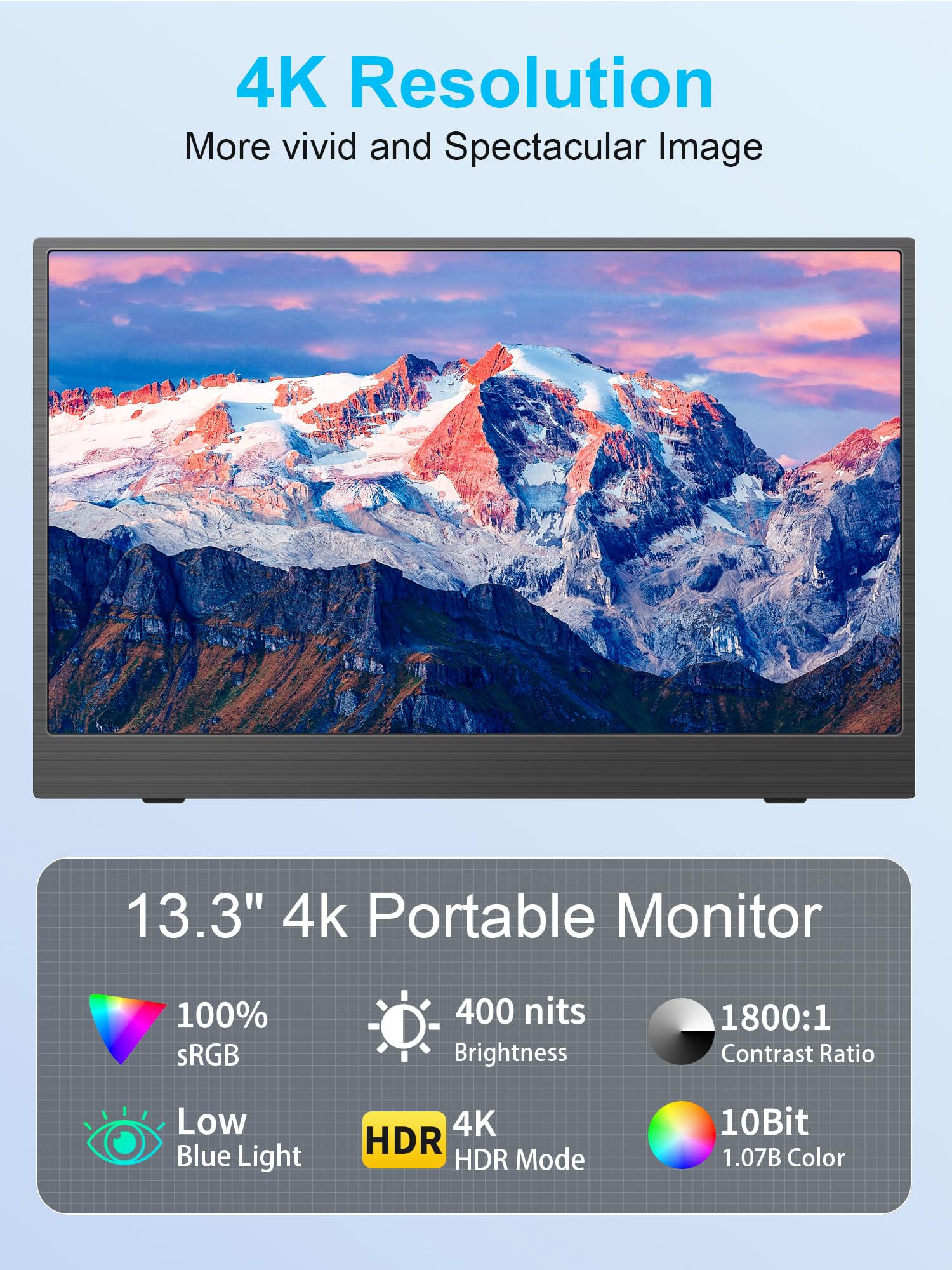 13.3 Inch 4K UHD Portable Monitor - Slim Lightweight IPS Laptop Screen with Dual USB-C & HDMI, Built-in Speakers for Gaming, Work & Travel - Compatible with PC, Mac, Phone, PS5/PS4, Xbox & Nintendo Switch (No Cover Included) | Perfect for Remote Work, Gaming On-The-Go & Business Travel