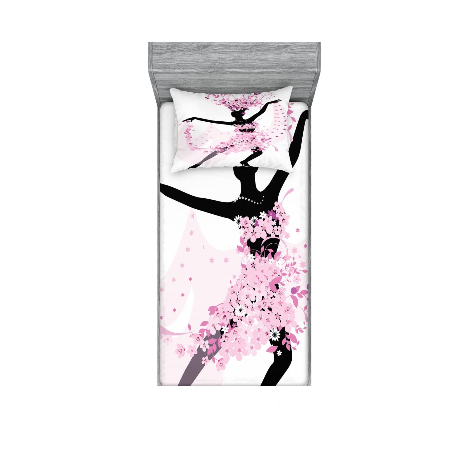 Ambesonne 2-Pack Latin Dance Fitted Sheet & Pillow Sham Set - Twin Size Pink & Black Bedding (4-Piece) for Girls Room, Dorm, or Guest Bed Decor