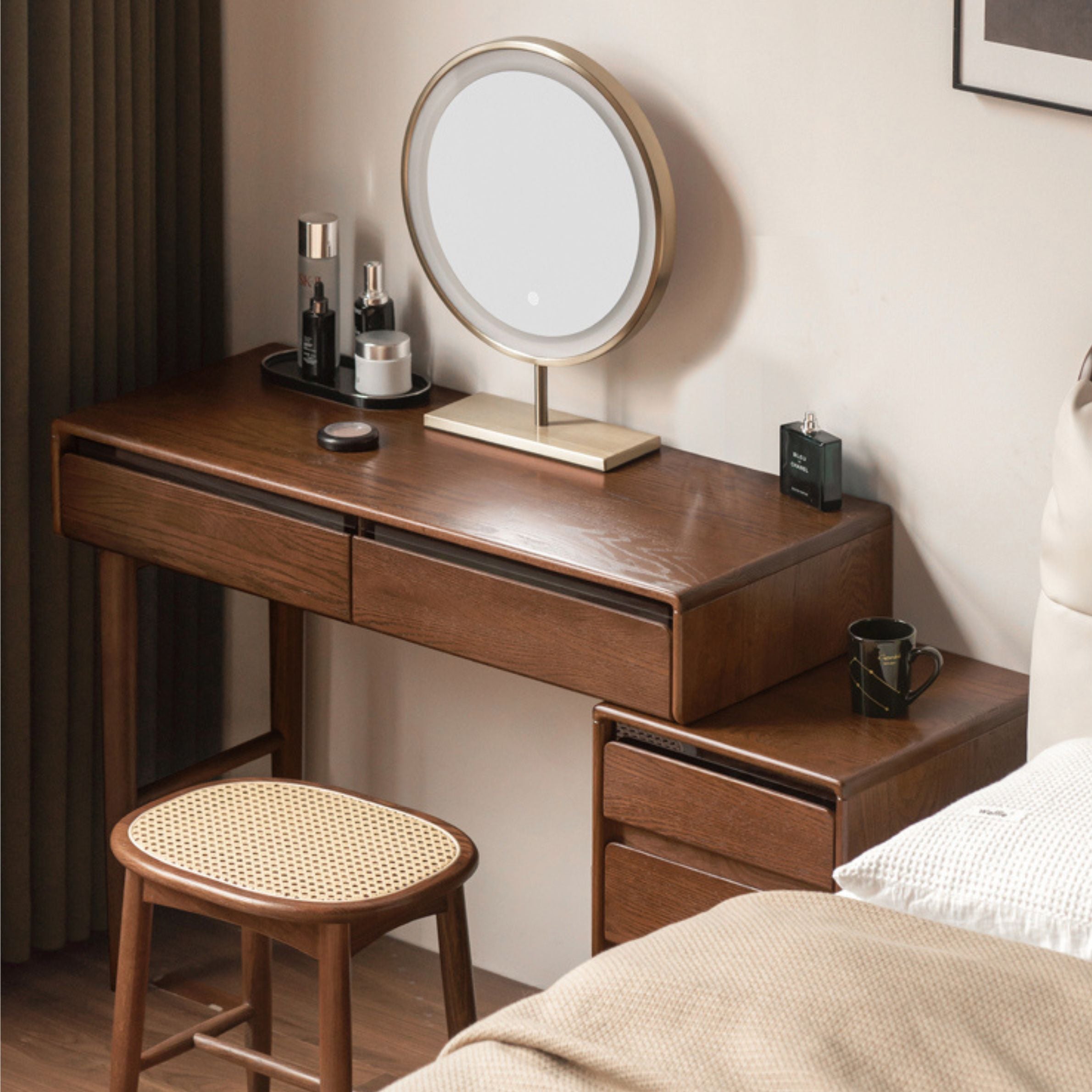 Modern Oak Solid Wood Retractable Vanity Dressing Table with Mirror - Perfect for Bedroom, Bathroom & Makeup Organization