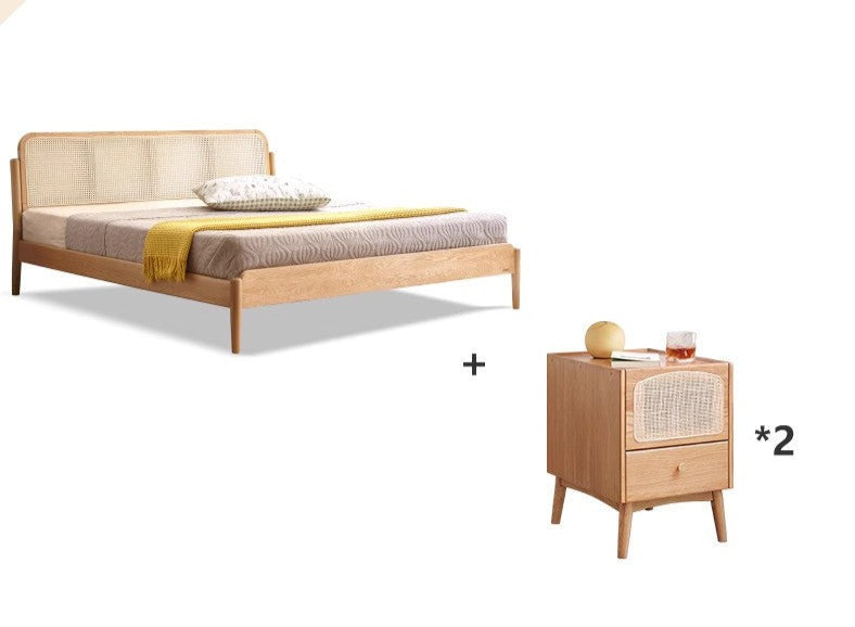 Solid Oak Wood Rattan Bed Frame - Queen Size, Natural Finish - Perfect for Bedroom, Guest Room & Farmhouse Decor