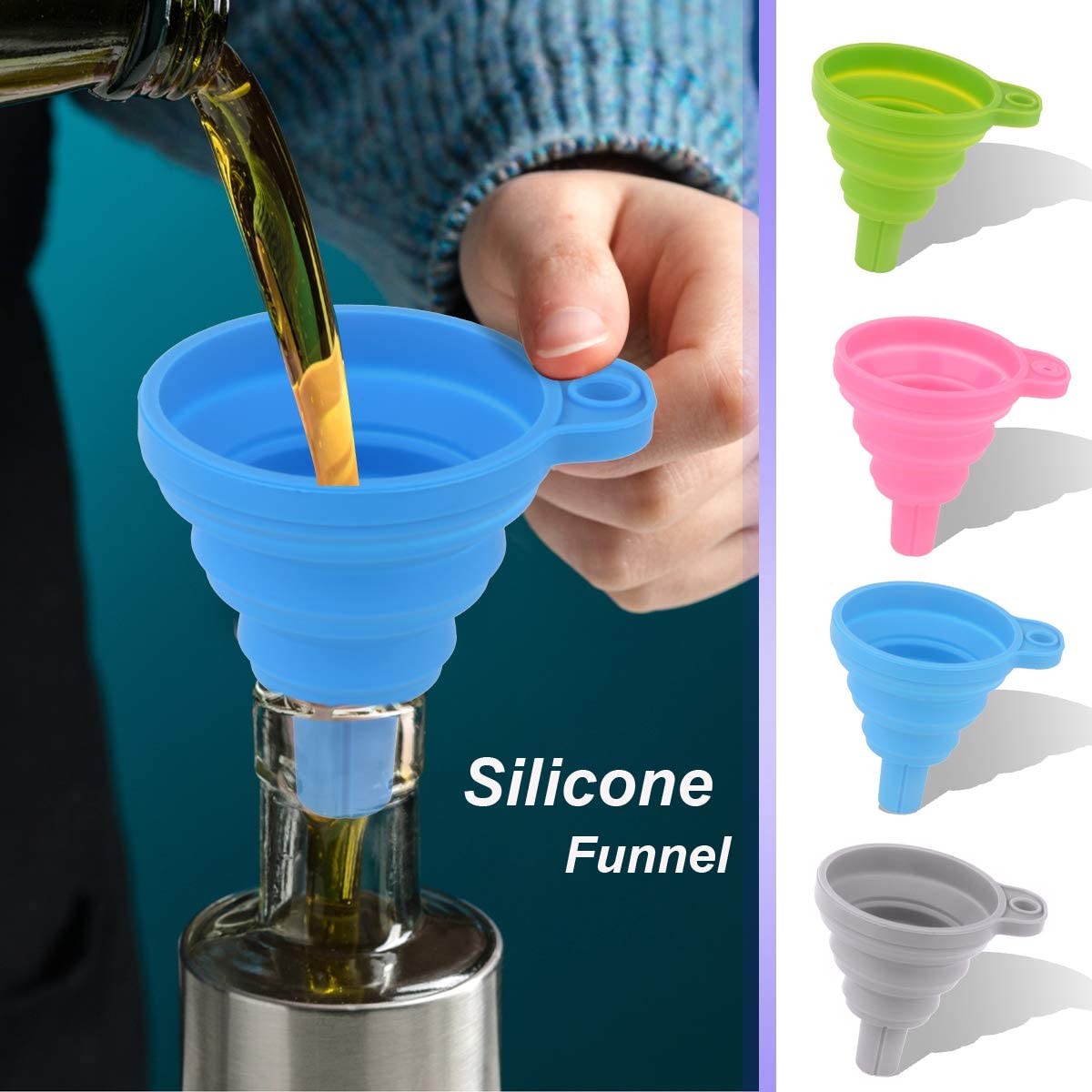 BHUMA Collapsible Silicone Funnel - Foldable Kitchen Funnel for Liquid & Powder Transfer - Reusable Water Bottle Funnel (2 Pack) - Perfect for Cooking, Baking, Camping & DIY Projects