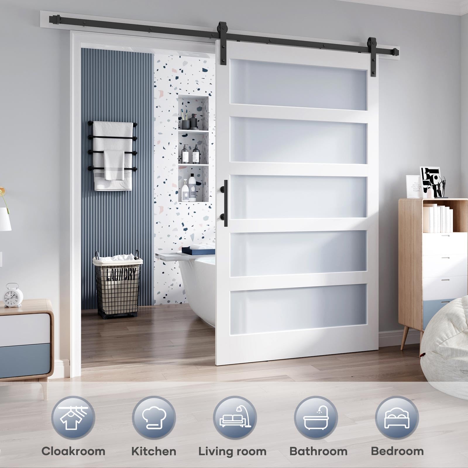48x84 Inch Frosted Glass Sliding Barn Door with 8ft Hardware Kit - White Waterproof & Scratch-Resistant PVC LVL Wood Panel - Easy DIY Installation for Bedroom, Closet, or Office Partition
