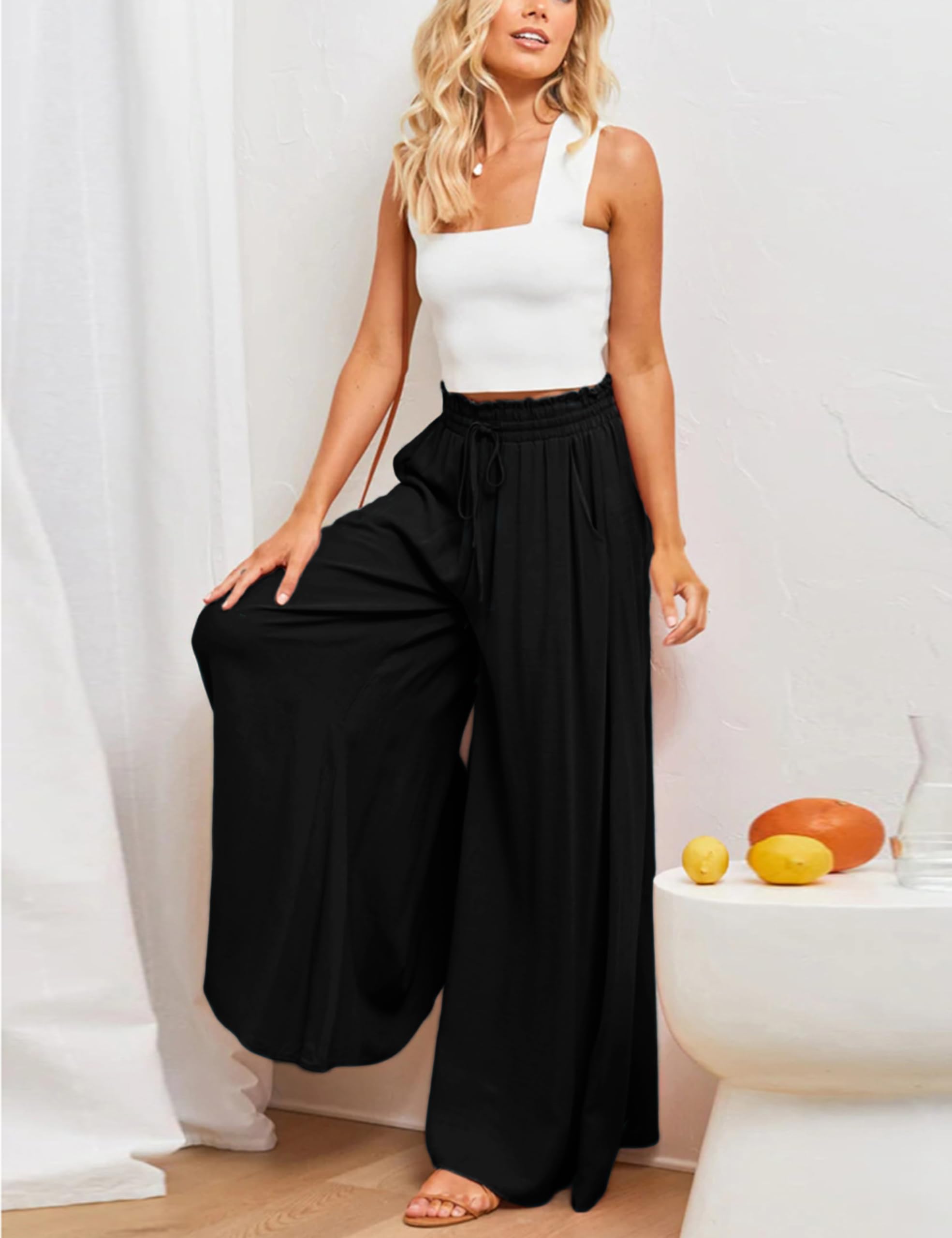Hooever Women's Wide Leg Palazzo Pants - Flowy Drape Ruffle Drawstring Waist Casual Trousers for Work, Travel & Summer Outfits