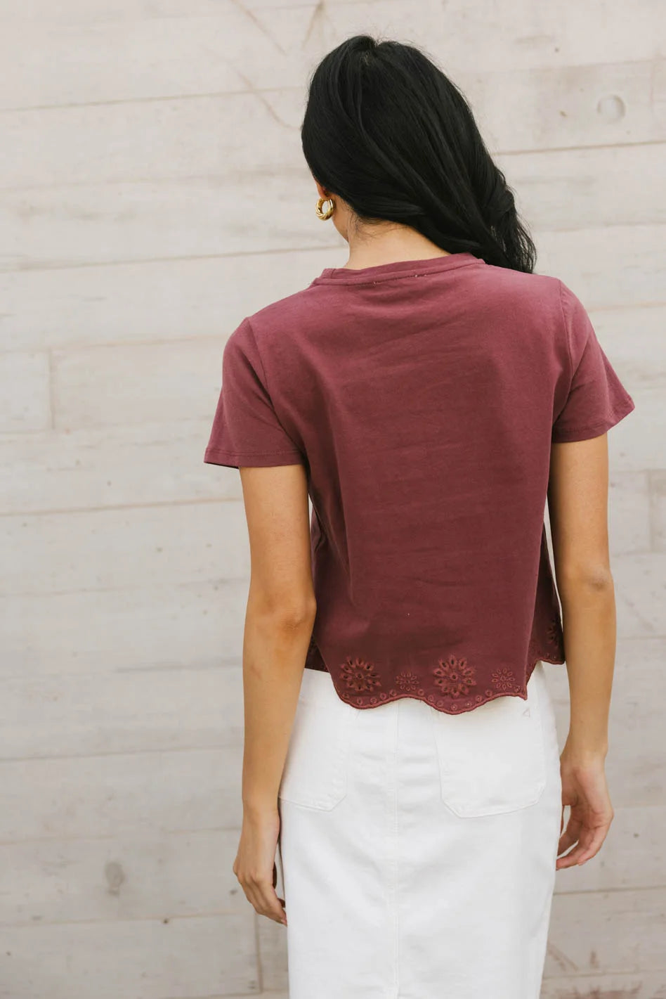Nia Wine Red Eyelet Lace Cropped T-Shirt for Women | Summer Fashion Top | Perfect for Casual Outings, Dates & Beach Vacations