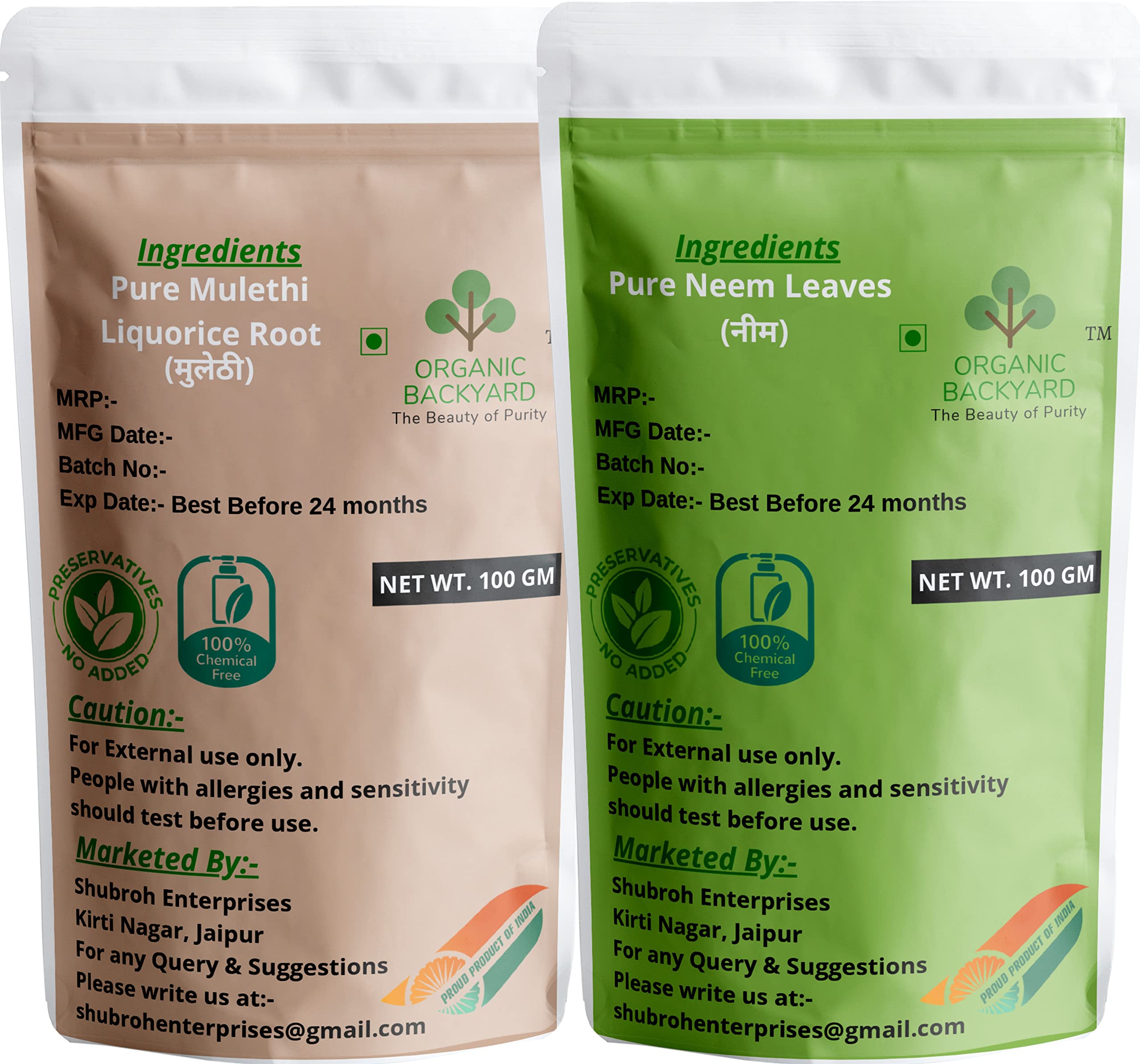 Organic 100% Natural Mulethi and Neem Powder Combo - 100g Each for Face Care & Skin Health | Ayurvedic Herbal Treatment for Acne, Glow & Detox | Perfect for DIY Face Masks & Natural Beauty Routines