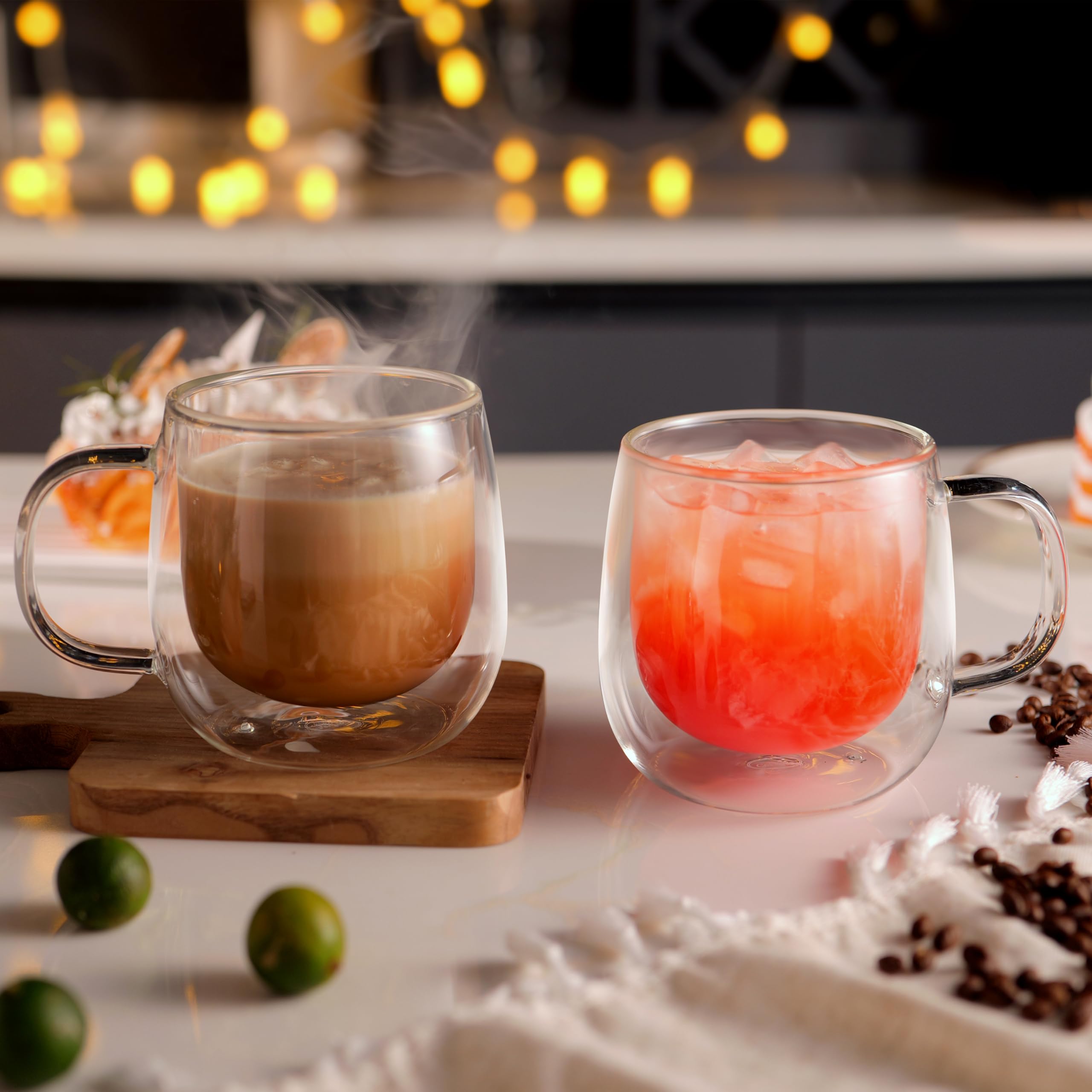 CNGLASS 16oz Double Walled Insulated Glass Coffee Mugs (4-Pack) - Clear Large Coffee Cups with Handle for Hot & Cold Drinks - Perfect for Latte, Cappuccino, Tea, Iced Coffee - Ideal for Home, Office, Cafe & Gifts
