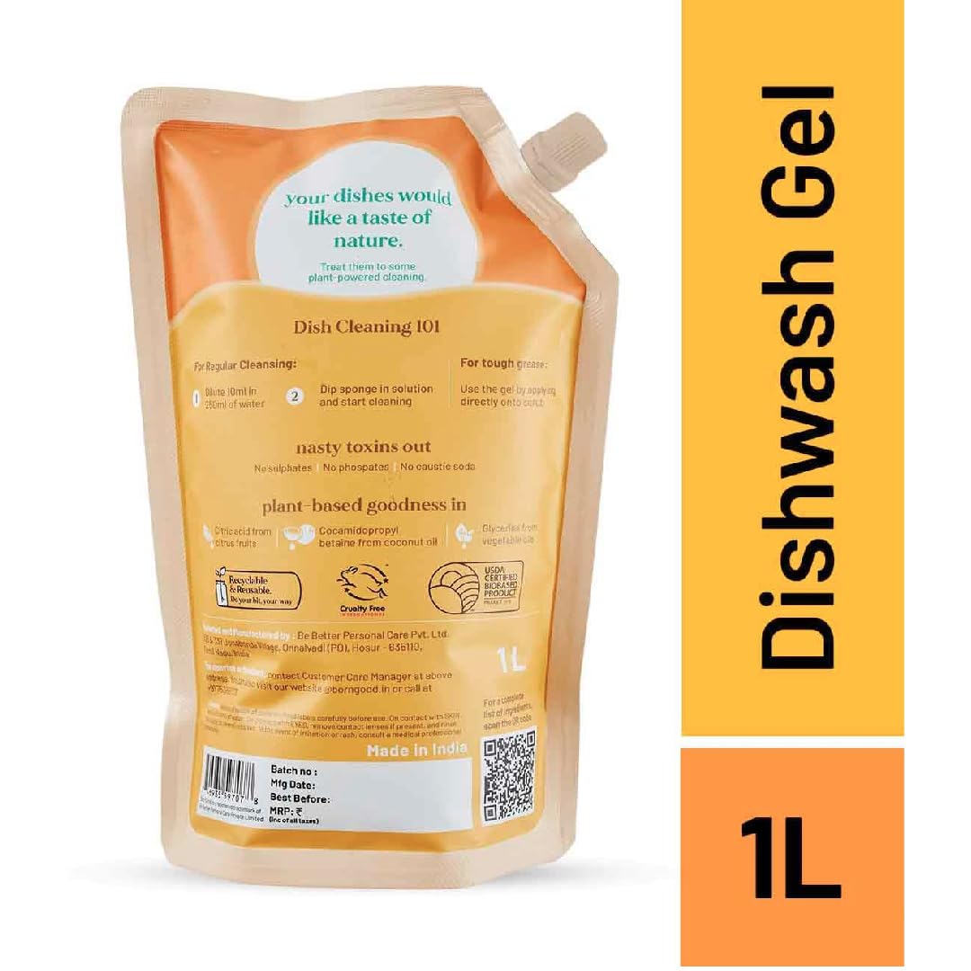 Eco-Friendly Plant-Based Spanish Citrus Dishwashing Gel - Non-Toxic, Biodegradable, 1L Refill Pouch | Perfect for Grease Cutting & Gentle on Hands | Sustainable Kitchen Cleaning Solution